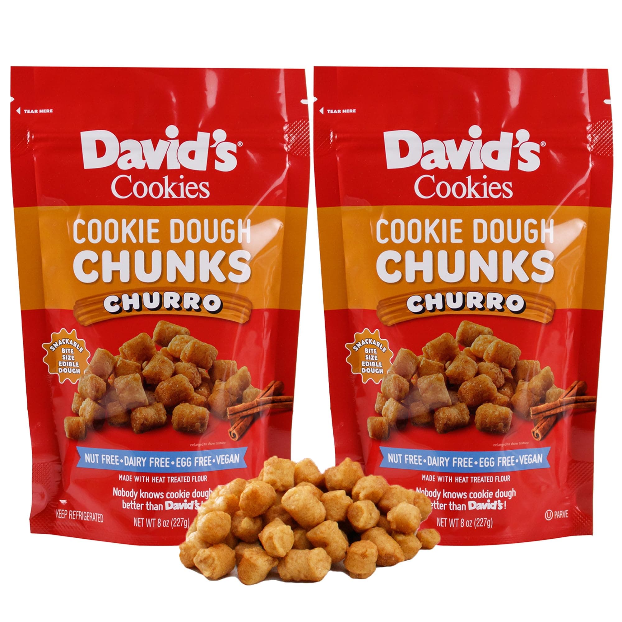 David’s Cookies Churro Edible Cookie Dough Chunks – 2 Bags (8oz Each) – Vegan, Nut-Free, Dairy-Free, Egg-Free – Sweet Cinnamon Sugar Cookie Dough Bites – w/Heat-Treated Flour, Go-to-Snack for Sharing