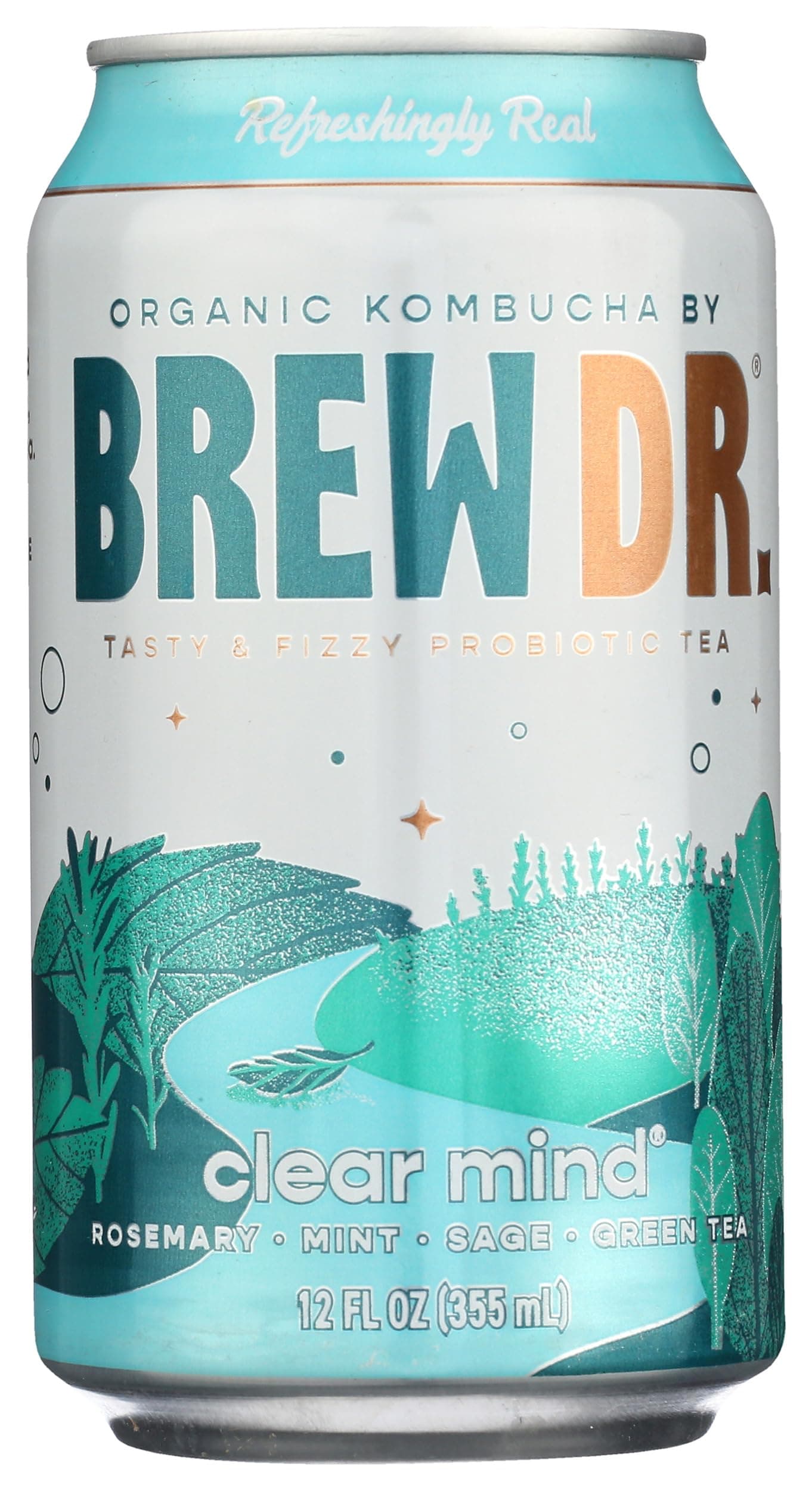 Brew Dr. Kombucha, Organic, Raw & Probiotic - Clear Mind Kombucha Cans- Green Tea with Rosemary, Peppermint and Sage - 4 Pack, 12 Fl oz. Cans