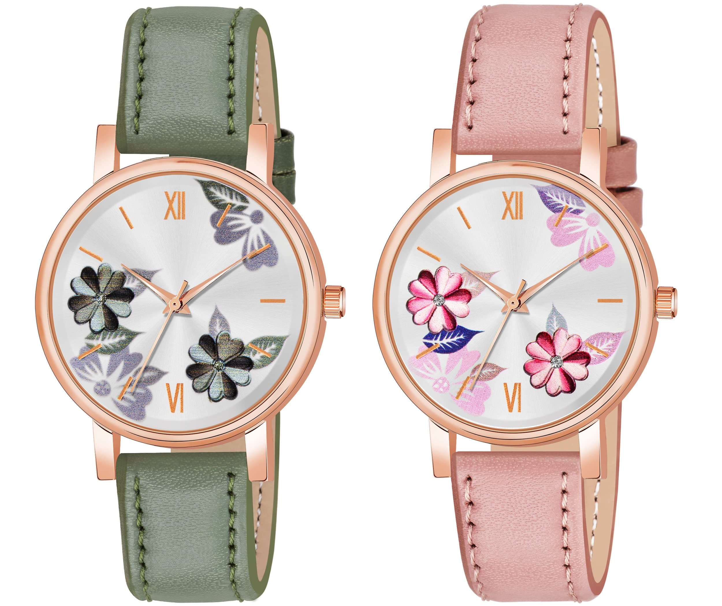 Analog 6 Different Color Flowered Dial Watch for Womens and Girls Single and Combo Watches for Women and Girl Pack of 2 and Pack of 3, Green,Peach, Classic