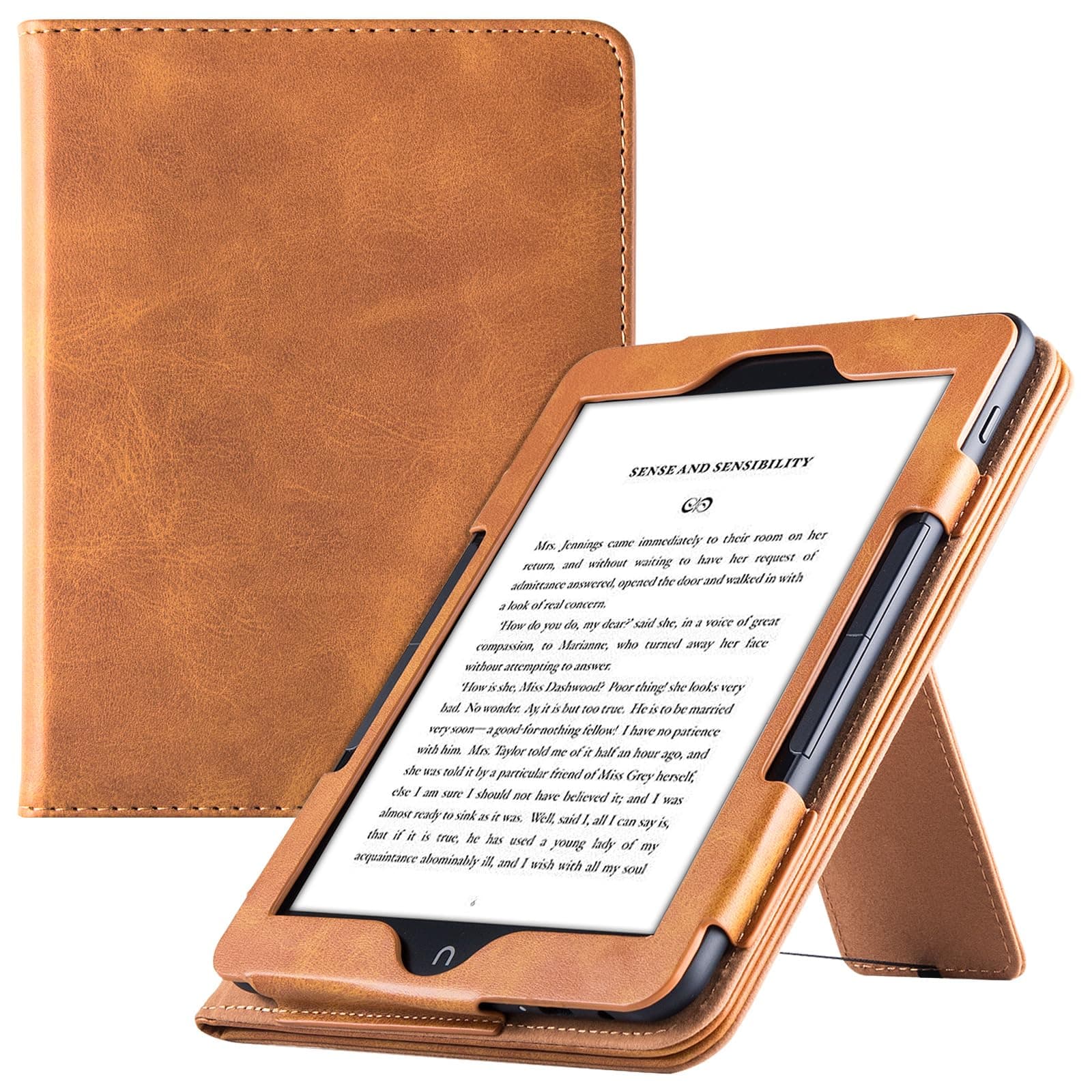Case for 7.8" Nook GlowLight 4 Plus (2023) | Built-in Foldable Stand & Hand Strap | Book Folio Style | Premium PU Leather Sleeve Cover (Brown)