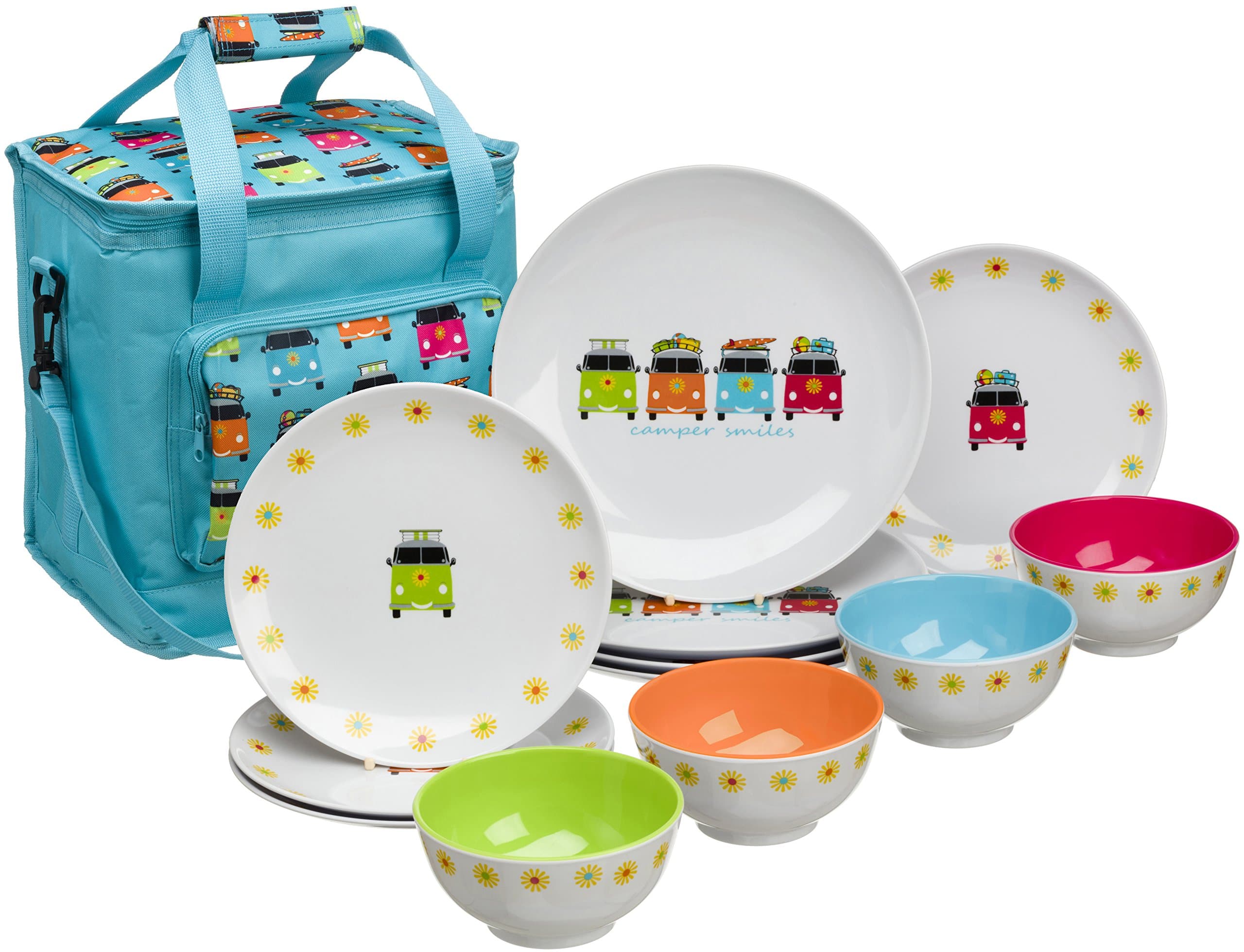 Flamefield CAM0113 Camper Smiles 12 Piece Melamine Dining Set with Cooler Bag, Multicolour