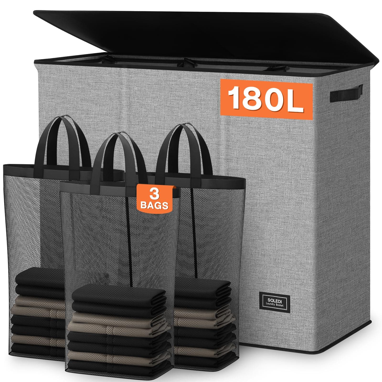 SOLEDI 180L Laundry Basket 3 Section, Extra Large Laundry Hamper with Lid, Dirty Clothes Hamper with Sturdy Handle, Large Laundry Basket Organizer for Laundry Room, Bedroom, Hampers for Laundry