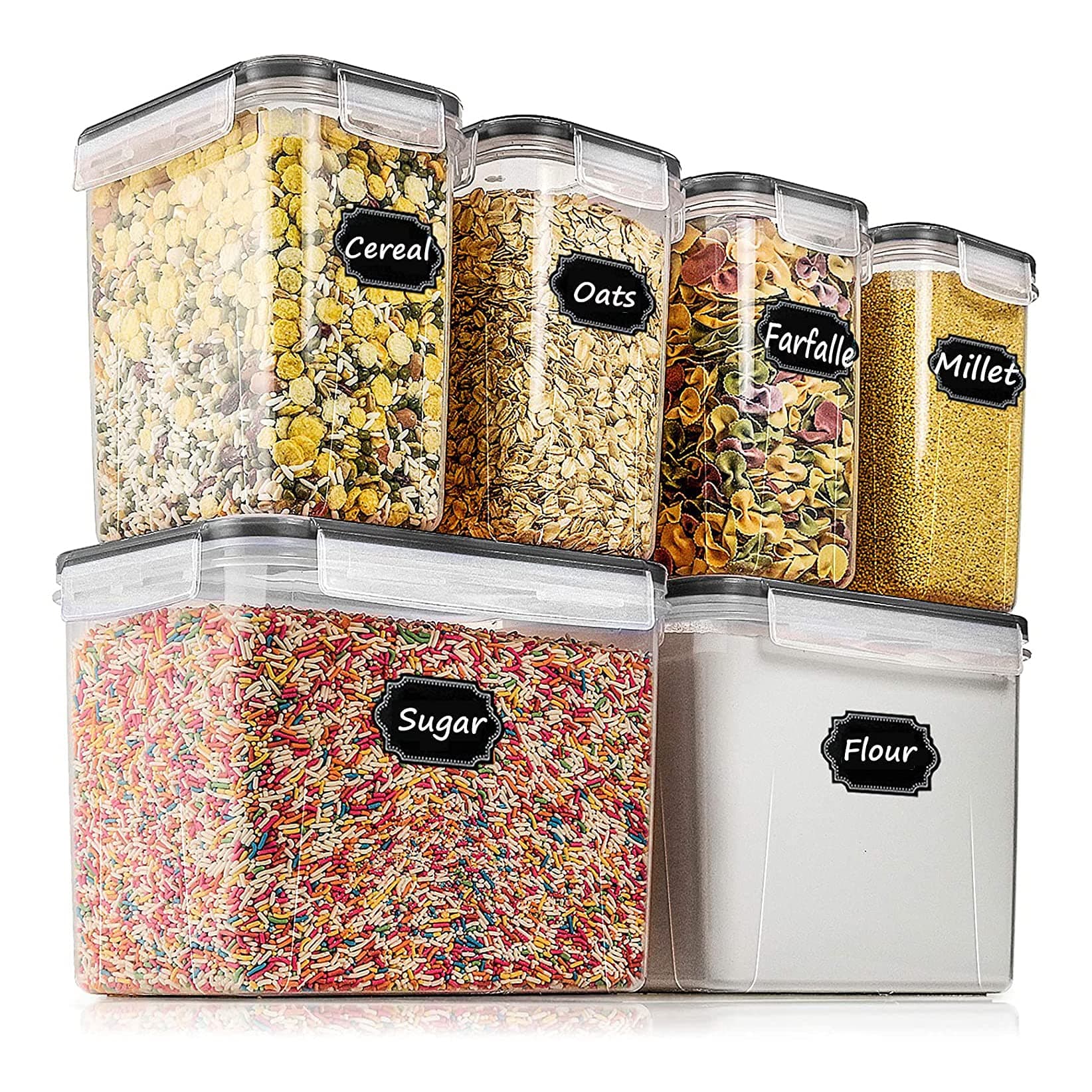 Airtight Food Storage Containers Cereal & Dry Food Storage Container Set of 6(Black Lid), Leak-proof & BPA Free, With 1 Measuring Cup & 20 Chalkboard Labels & 1 Chalk Marker