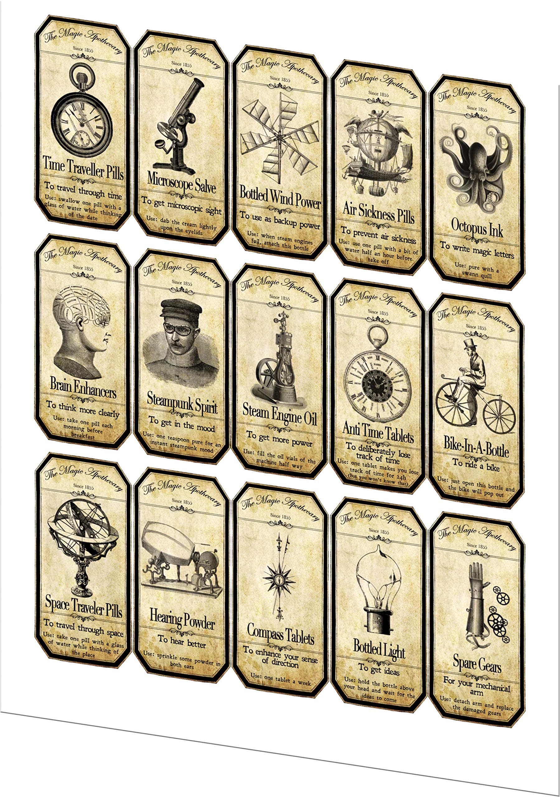 Halloween 15 steampunk assorted bottle labels stickers laminated ready to use. Party decoration