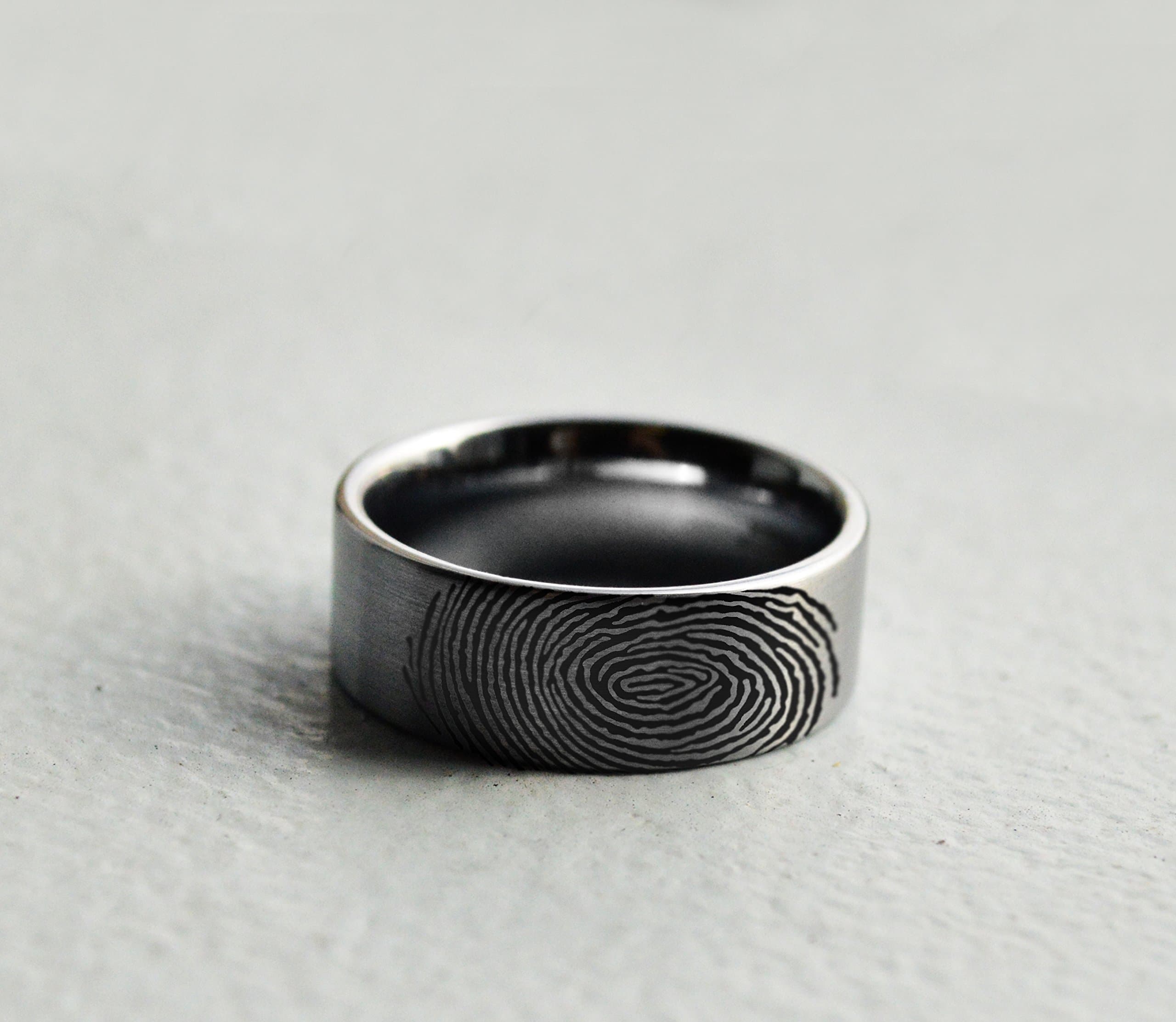 Handmade Flat Brushed 10k Fingerprint Ring White Gold Fingerprint Ring - 4mm - 8mm Available