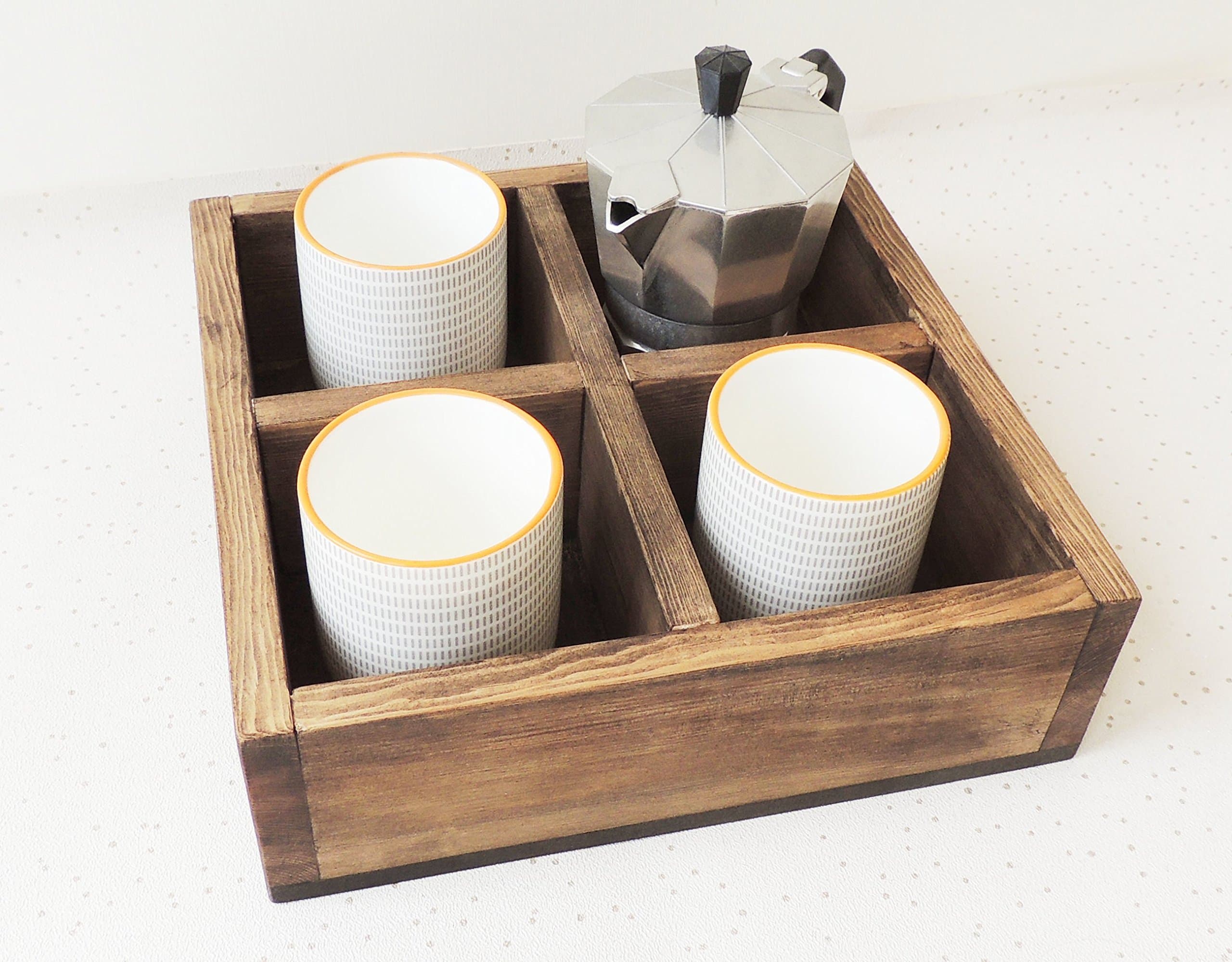 wooden caddy box, wood centrepiece, table caddy, rustic wedding decor, square storage, storage compartment, footstool tray, rustic tray