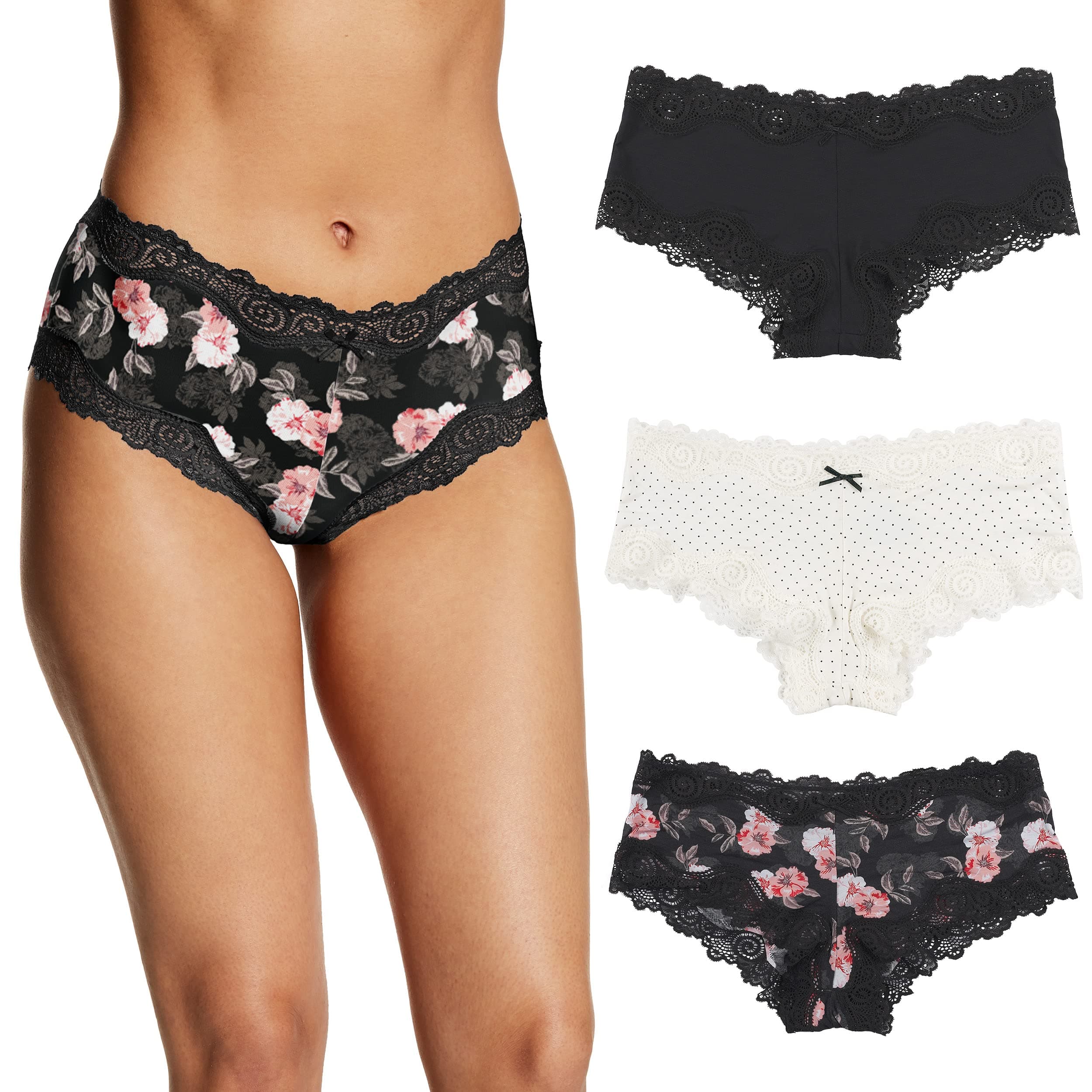 Women's Underwear Pack w/Low-Rise, 3-Pack, Cheeky Lace Underwear Women Pack, Comfortable Lace Panties for Women