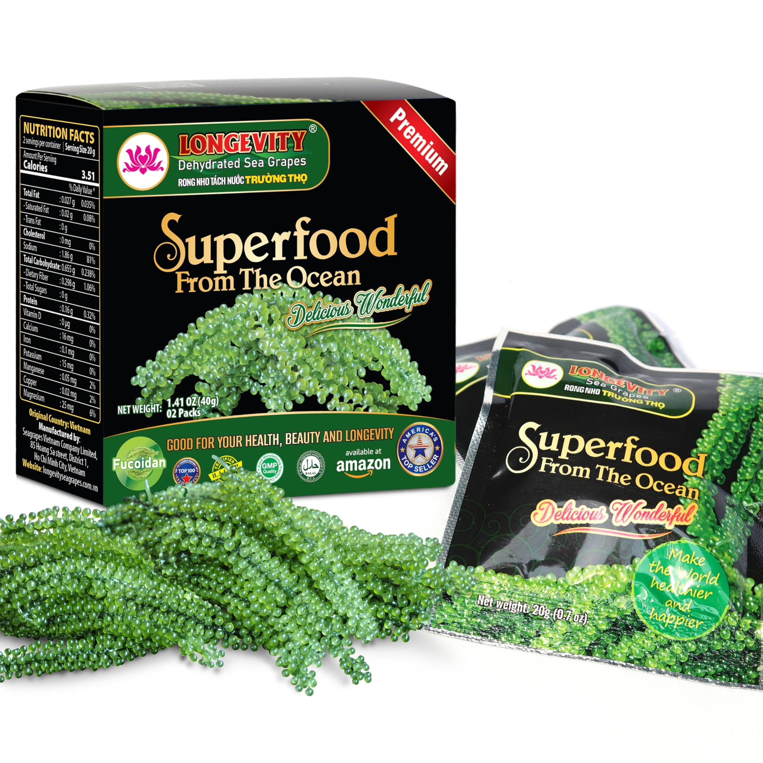 Longevity Sea Grapes - Umibudo Green Caviar - Dehydrated, Marinated in Saltwater Enhance Health, Weight Loss, Boosting Immune System, Valued Natural Gift from Sea (Original), 1.4 Ounce (Pack of 2)