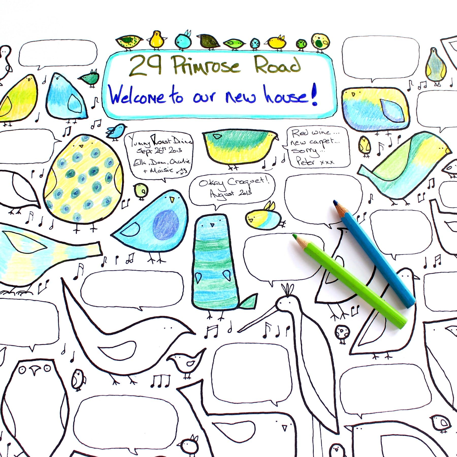 Birds Theme 60 Characters Wedding Guest Book Alternative Unique Fill Me In Fun Guest Poster Colouring In. Artist Drawn Luxury Party