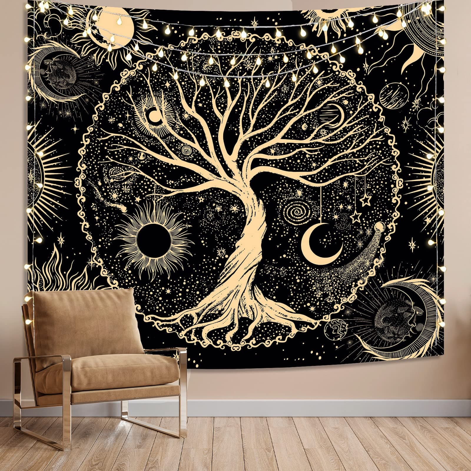 Avinyl ri yue jin se 130x150 Sun and Moon Tapestry Tree of Life Wall Tapestry for Bedroom Aesthetic Black and Gold Wall Hanging Home Decor for Dorm Living Room 51in x 60in