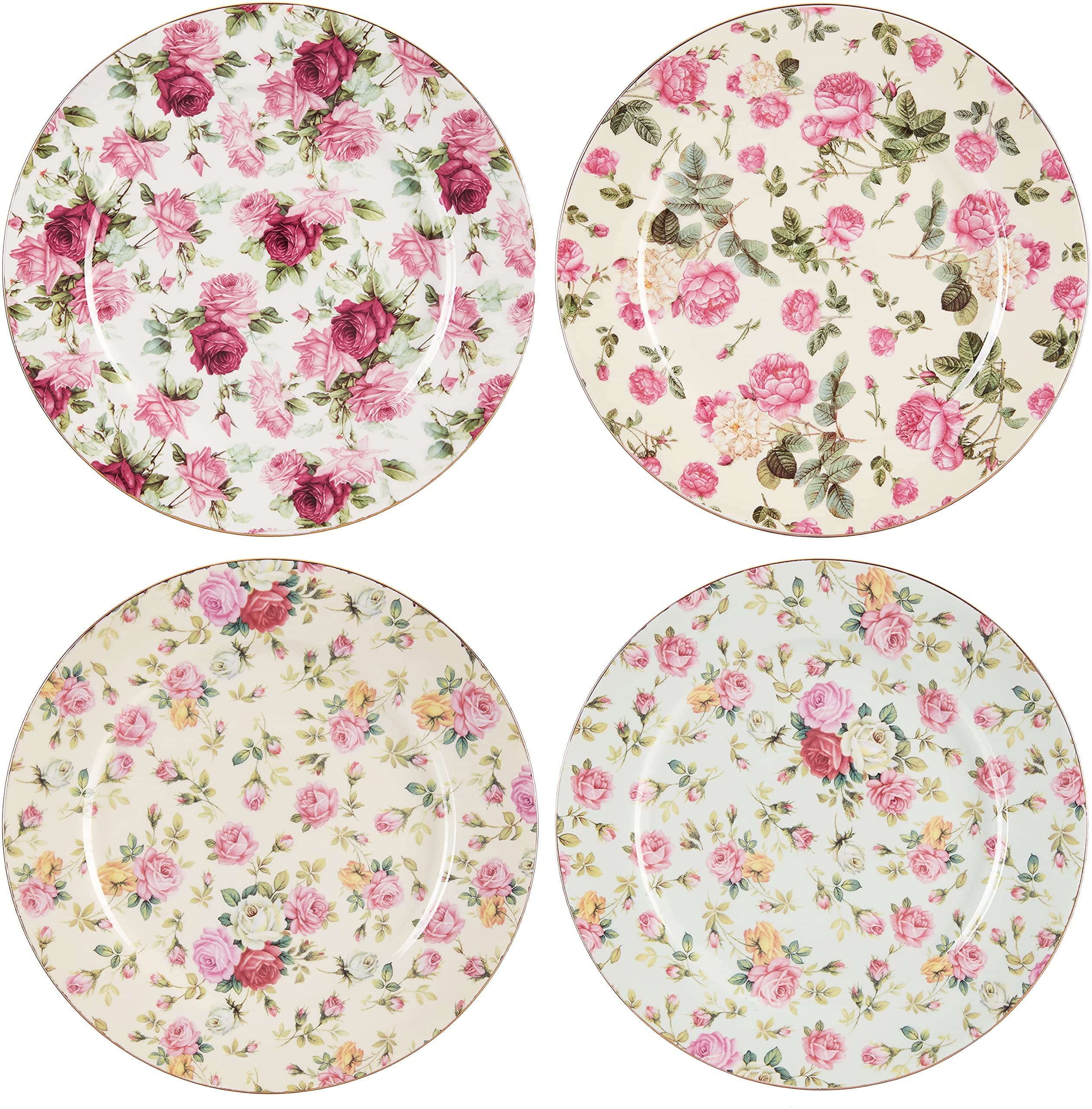 Gracie China by Coastline Imports Rose Chintz Porcelain 8-Inch Dessert Plate Set of 4, Assorted Four Designs