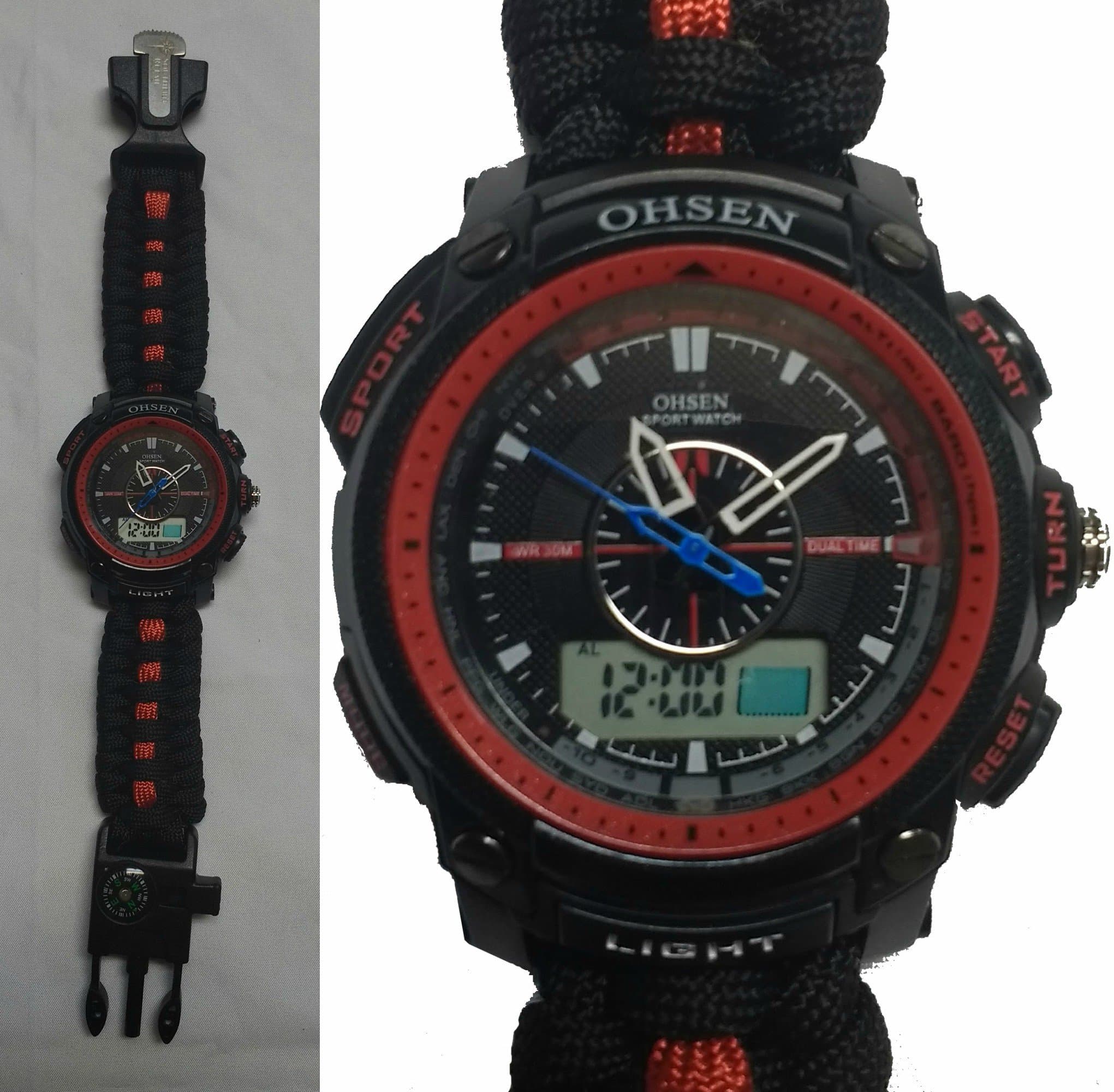 RED-Survival Waterproof Paracord Watch with Whistle, Compass, Fire Starter, Jute Tinder, Fishing Line & More! by Southern Retail
