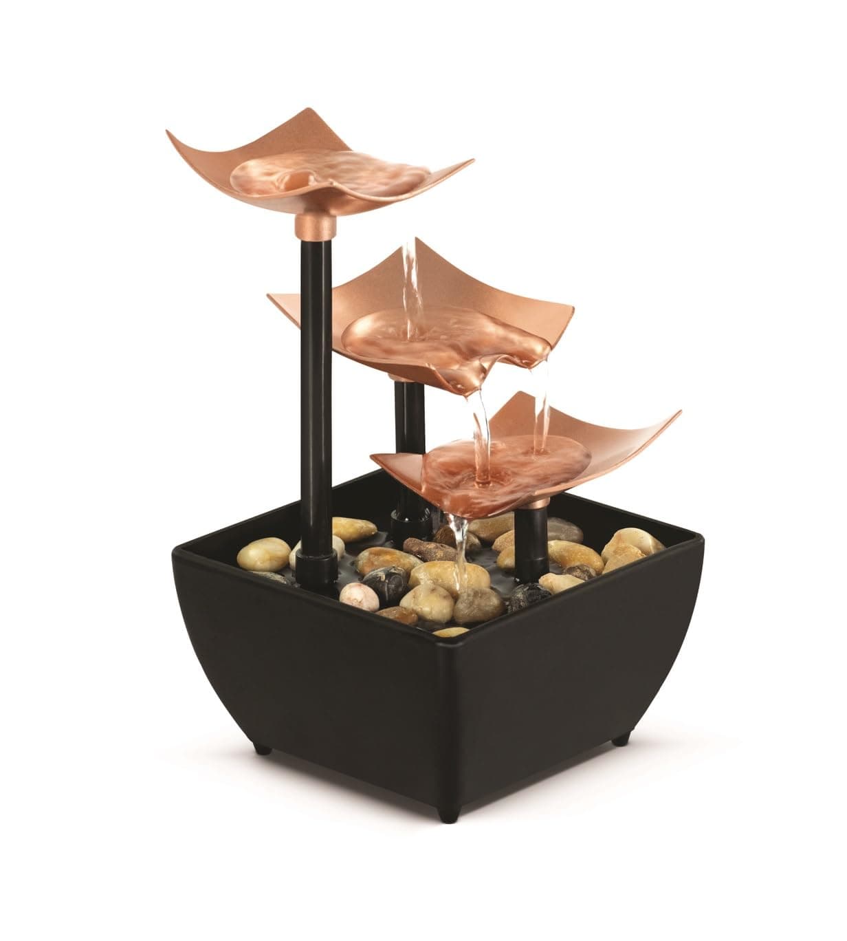 Golden Dew Relaxation Tabletop Water Fountain with 3 Tiers, Natural River Rocks, and a Quiet Pump for Soothing Zen Ambiance in Your Home or for Office Décor, Powered by 2 AA Batteries
