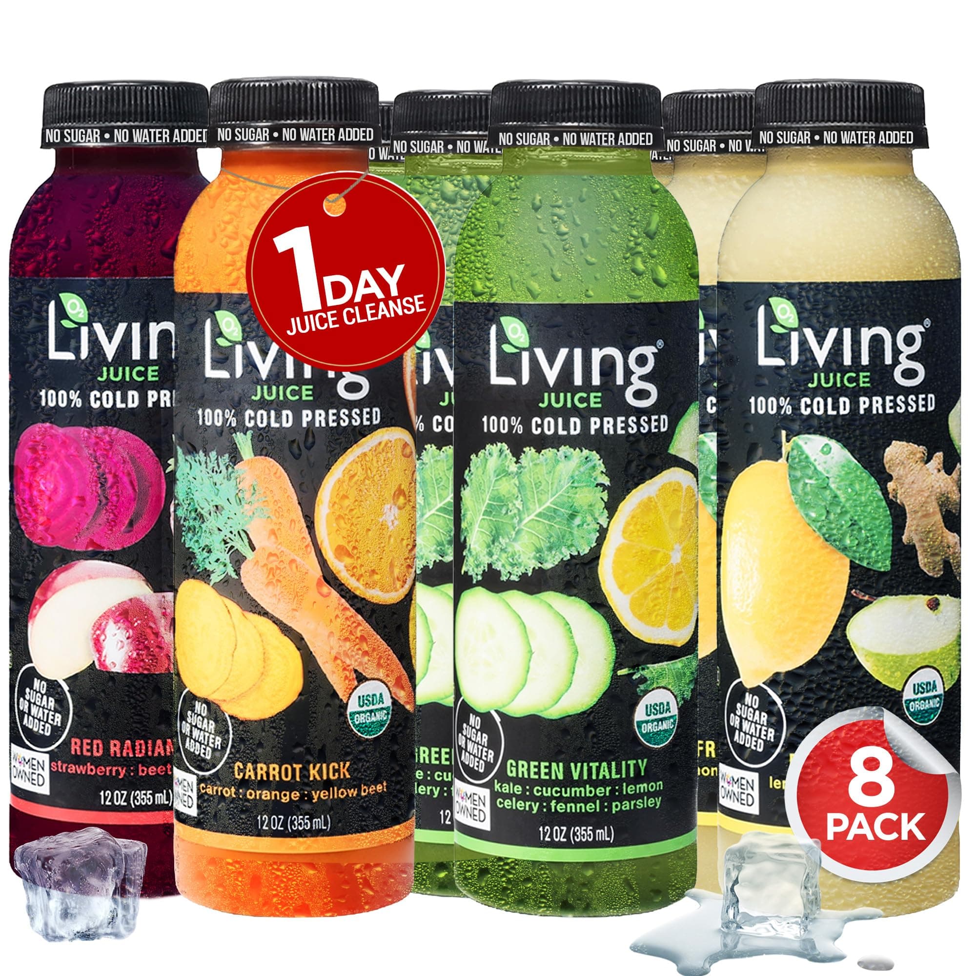 O2 Living Juice Cold Pressed Drink - 1-Day Organic Juice Cleanse Pack - No Added Sugars or Water, Natural Sweetness from Fruits, Rich in Nutrients & Vitamins - Refreshing & Non-GMO - 8 Pack, 12 fl oz