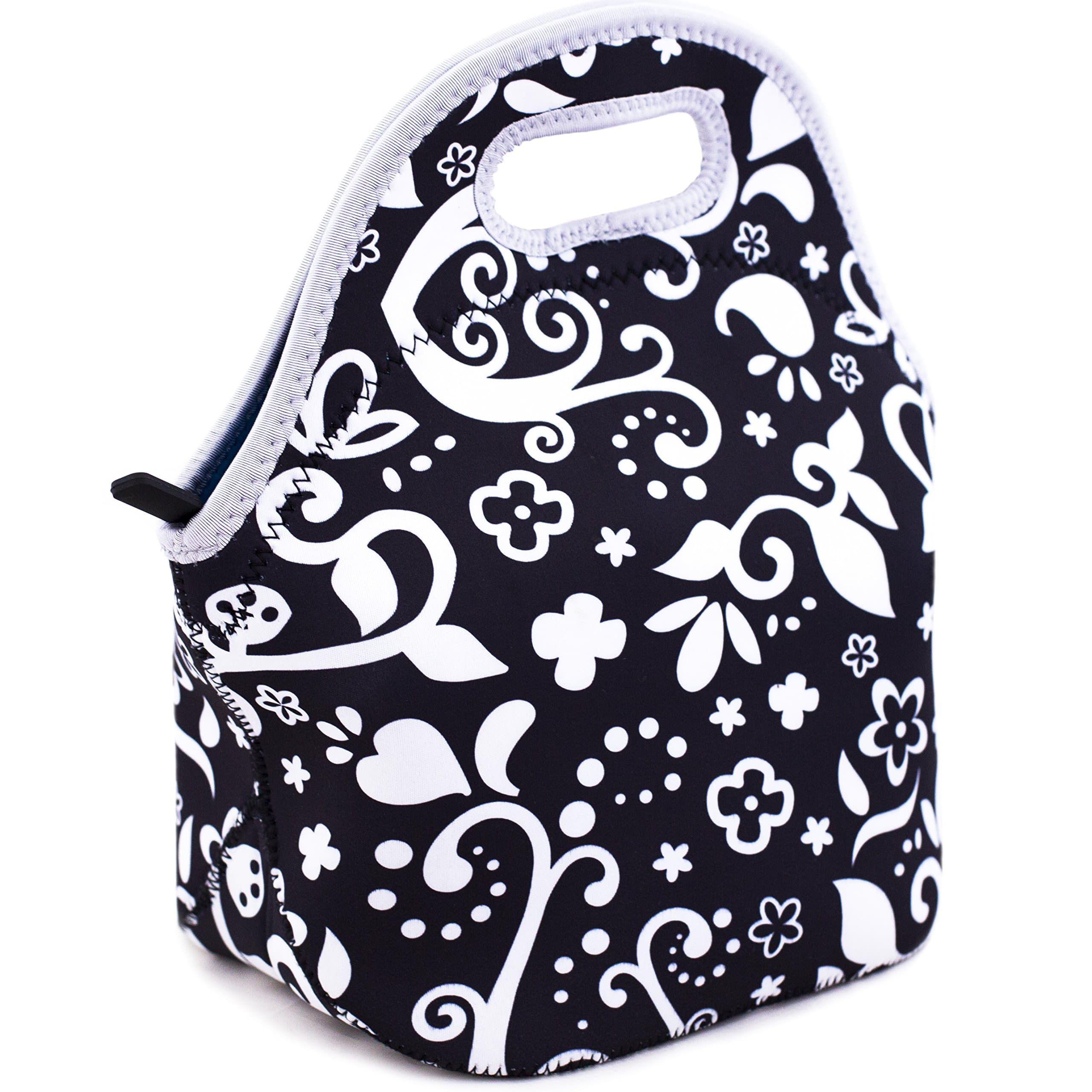 SORELLA White and Black Flower Lunch Bag Insulated Neoprene Design | Zipper Top & Flat Bottom With Ergonomic Handle | Reusable Lunch Tote Thermos For Adults & Kids | Snacks, Fruit, Food & Drinks