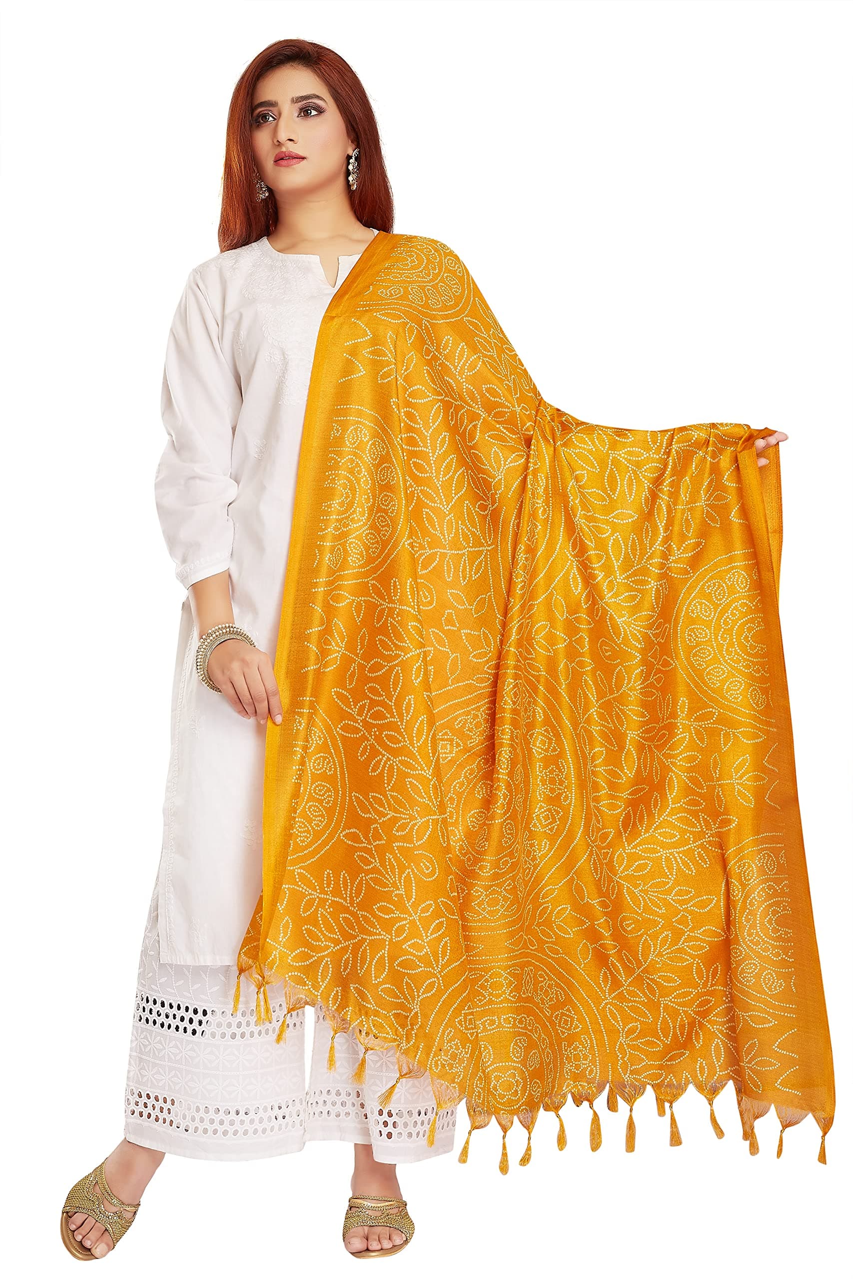 RANI SAAHIBA Women's Art Silk Printed Dupatta, Gold, Free