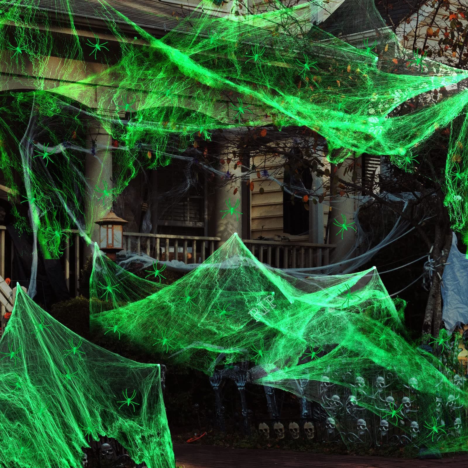 Charniol1000 Sqft Glow in the Dark Spider Web Halloween Decorations with 150 Fake Spiders, Fluorescent Stretch Webs Stretchy Cobwebs for Creepy Decor Indoor Outdoor Party Haunted House Home