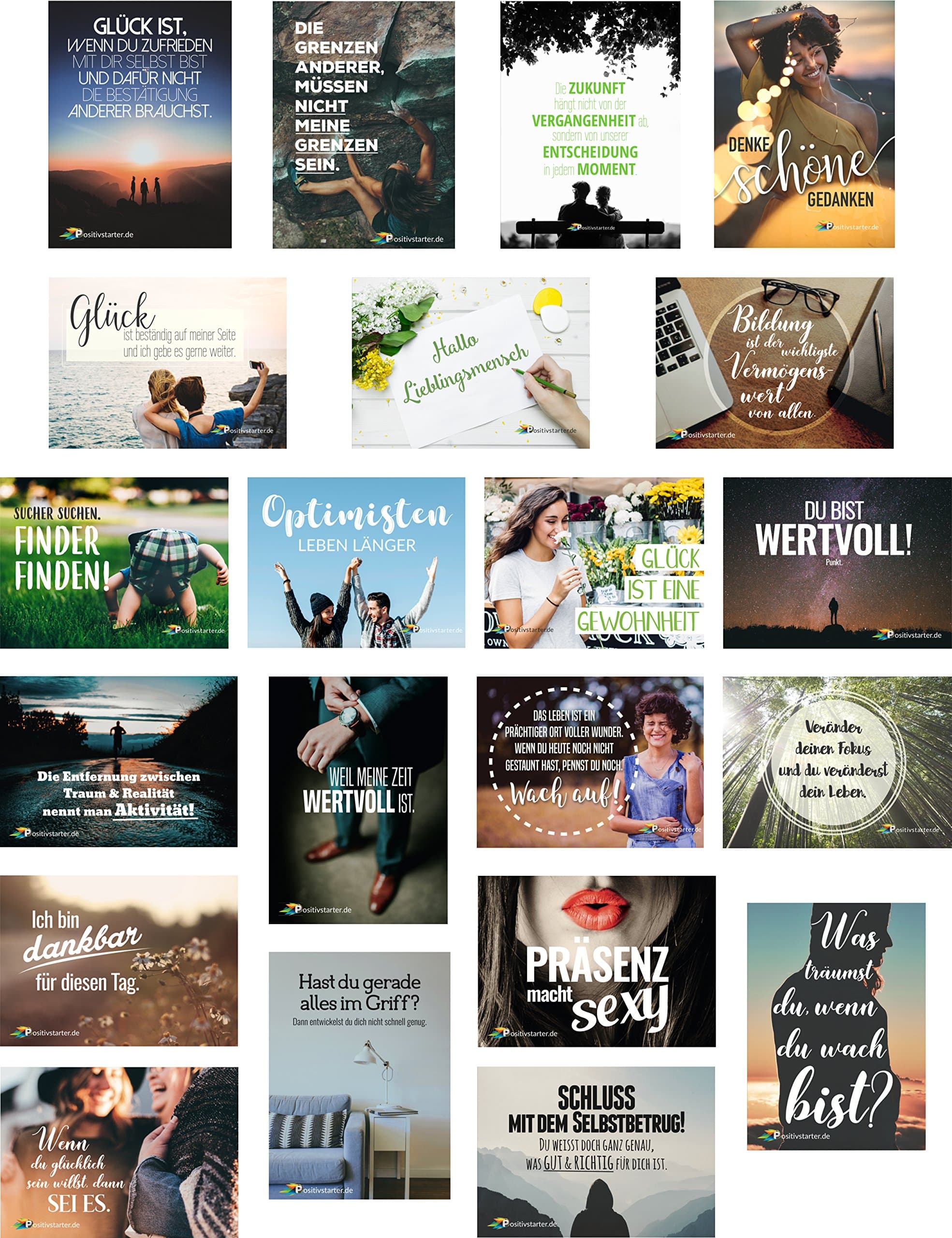 Set of 21x Postcards by Positivestarter on a Motivational Positive Sayings Theme Cool Optimistic Quotes for Inspiration and Goal Setting in DINA6
