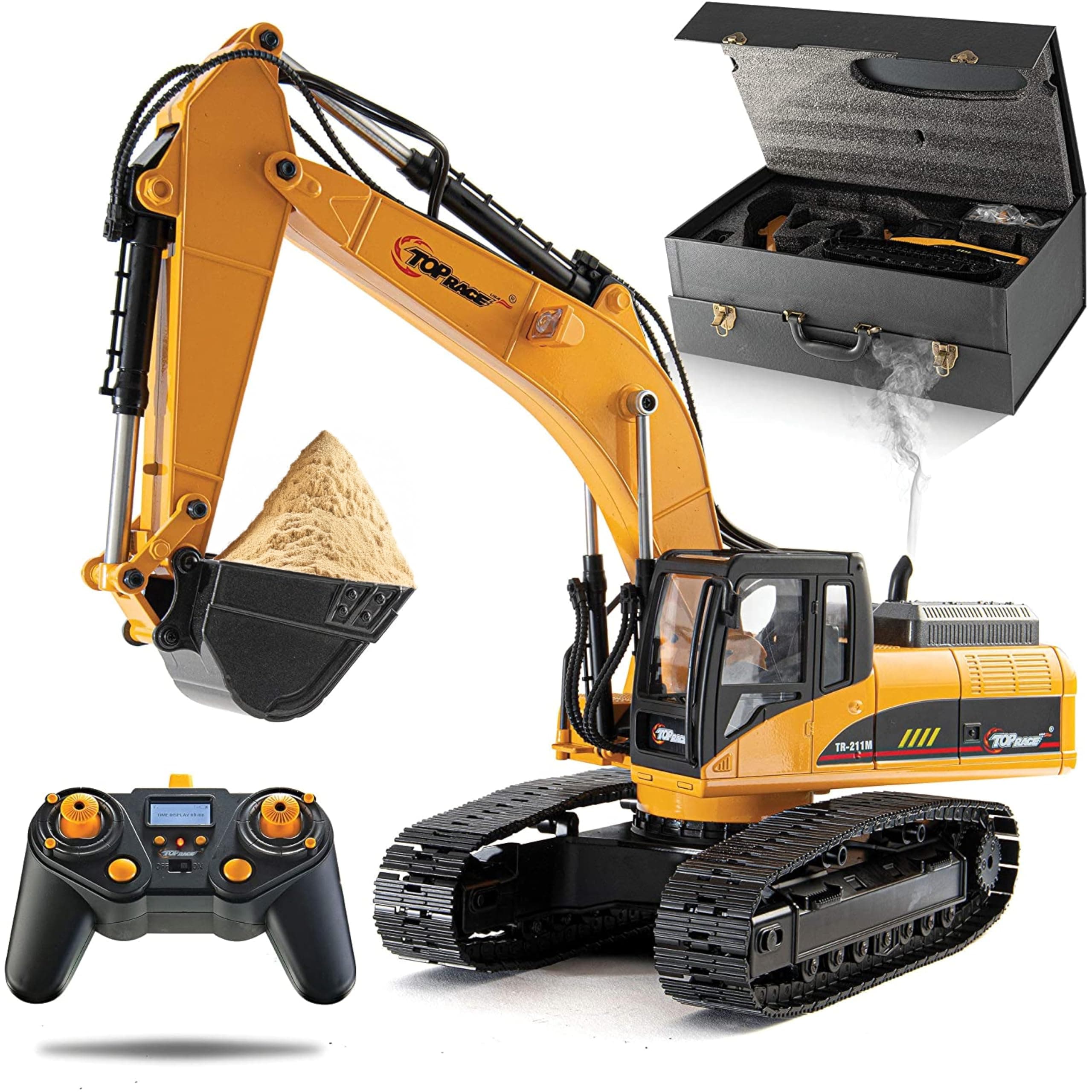 Top Race 23 Channel Full Functional Remote Control Excavator Construction Tractor, Full Metal Excavator Toy Can Carry up to 180 Lbs, Digging Power of 1.1 Lbs Per Inch, Real Smoke, V.3 TR-211M