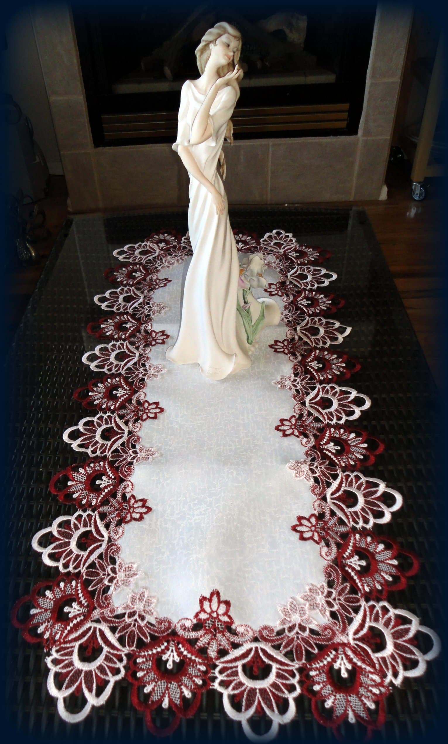 Lace Dresser Scarf Table Runner Victorian Burgundy & White Flower European Doily 36"