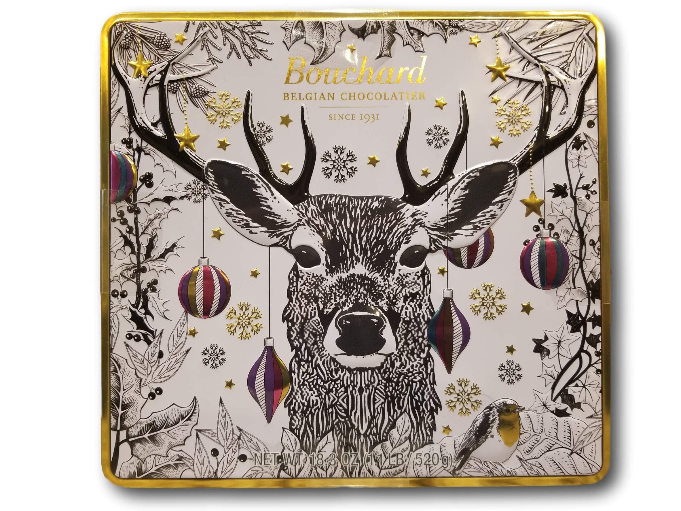 Bouchard Variety Belgian Chocolates in a Decorative Tin (Milk Chocolate Napolitains, Cheesecake Bites, Dark Chocolate Napolitains, Snickerdoodle Cookie Bites)