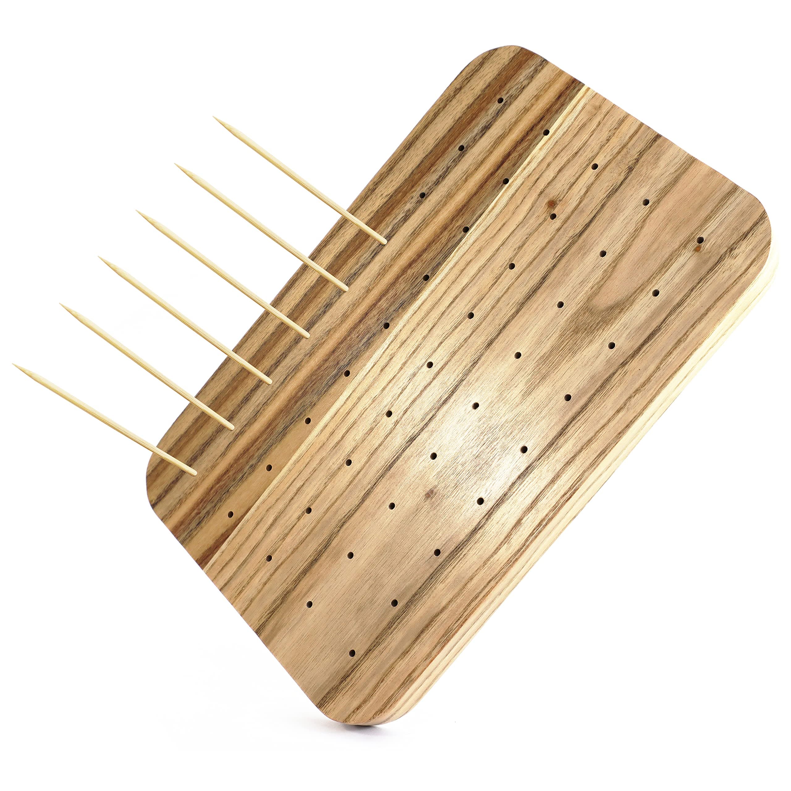 Food Display Wooden Skewer Holder For Appetizer Skewers. Impress your Guests And Serve Your Skewers For Fruit Kabobs Or Cocktail Sticks On This Food Skewer Holder Made Of Light Brown Oak Wood