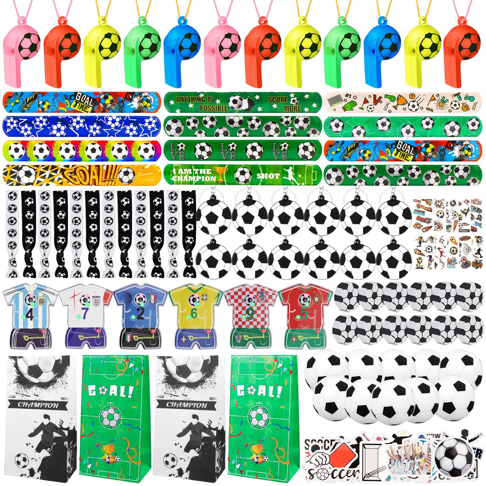 158Pcs Soccer Party Favors with Soccer Party Bags Soccer Whistle Mini Foam Soccer Ball Soccer Hair Ties Slap Bracelets Keychains Sticker Tattoo Eraser for Party Goodie Bag Fillers Soccer Party Decor