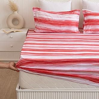 HOMEMONDE Fitted Bedsheet for Double-Size 210 TC Striped Printed Cotton Elasticated Fitted Sheet 78 x 60 Inch with 2 Pillow Cover 18 x 28 Inch - Pink