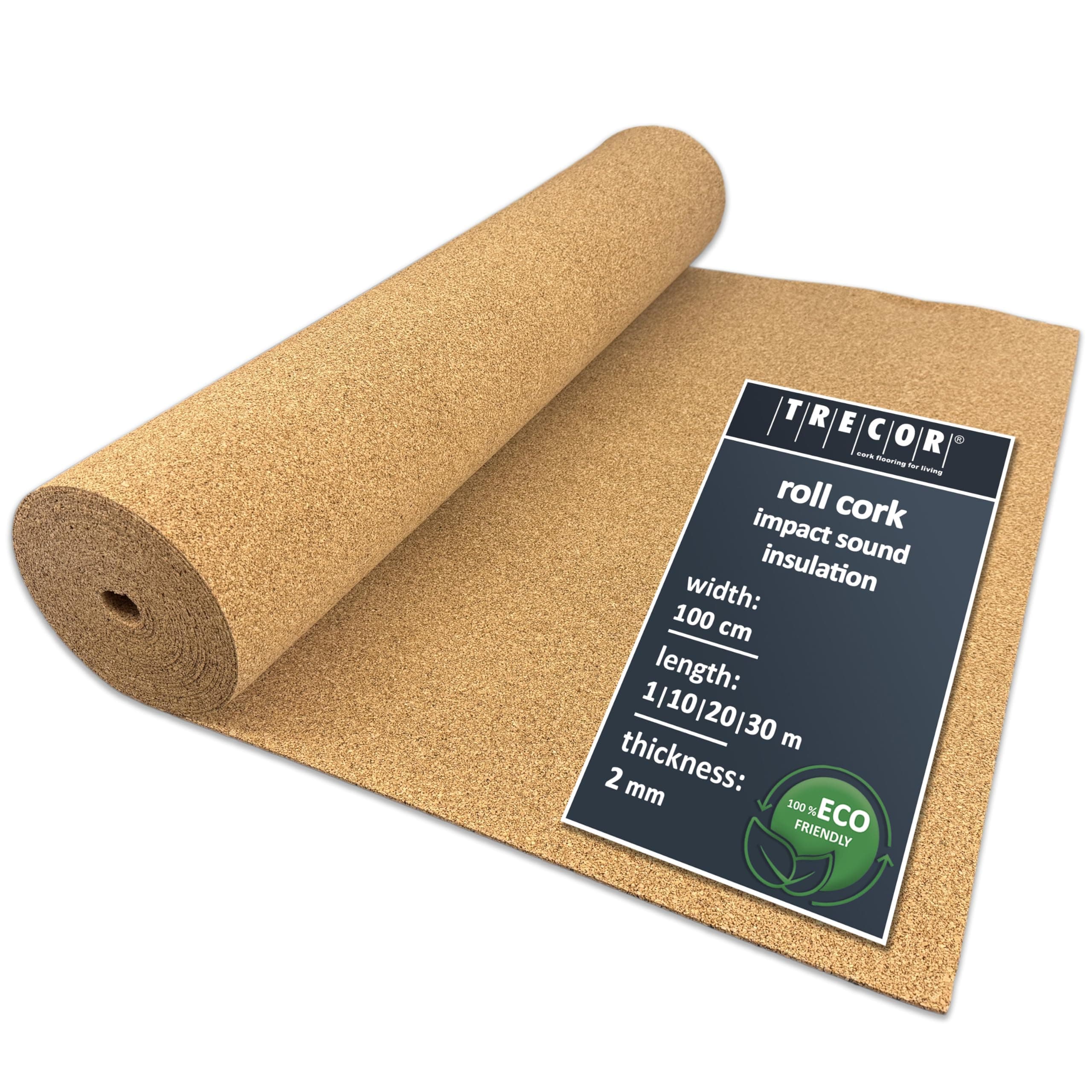 TRECOR Cork Impact Sound Insulation Rolls - Thickness 2 mm - Natural and Ecological Acoustic Impact and Walking Sound Insulation for Laminate and Parquet Floors - You Buy (10 m²)