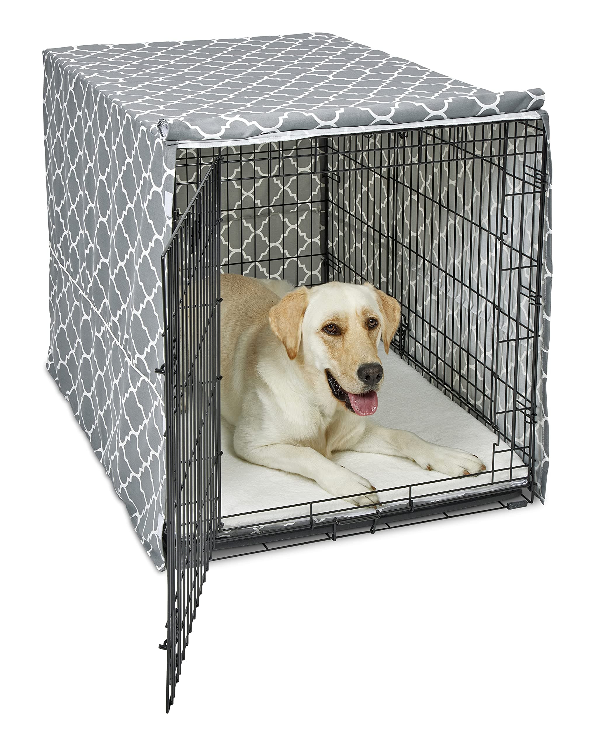 MidWest Homes for Pets Large Dog Crate Cover Featuring Teflon Fabric Protector, Poly-Cotton Privacy Kennel Cover Fits Most 42-inch Crates, Gray Designer Print, Machine Washable, Reduces Barking