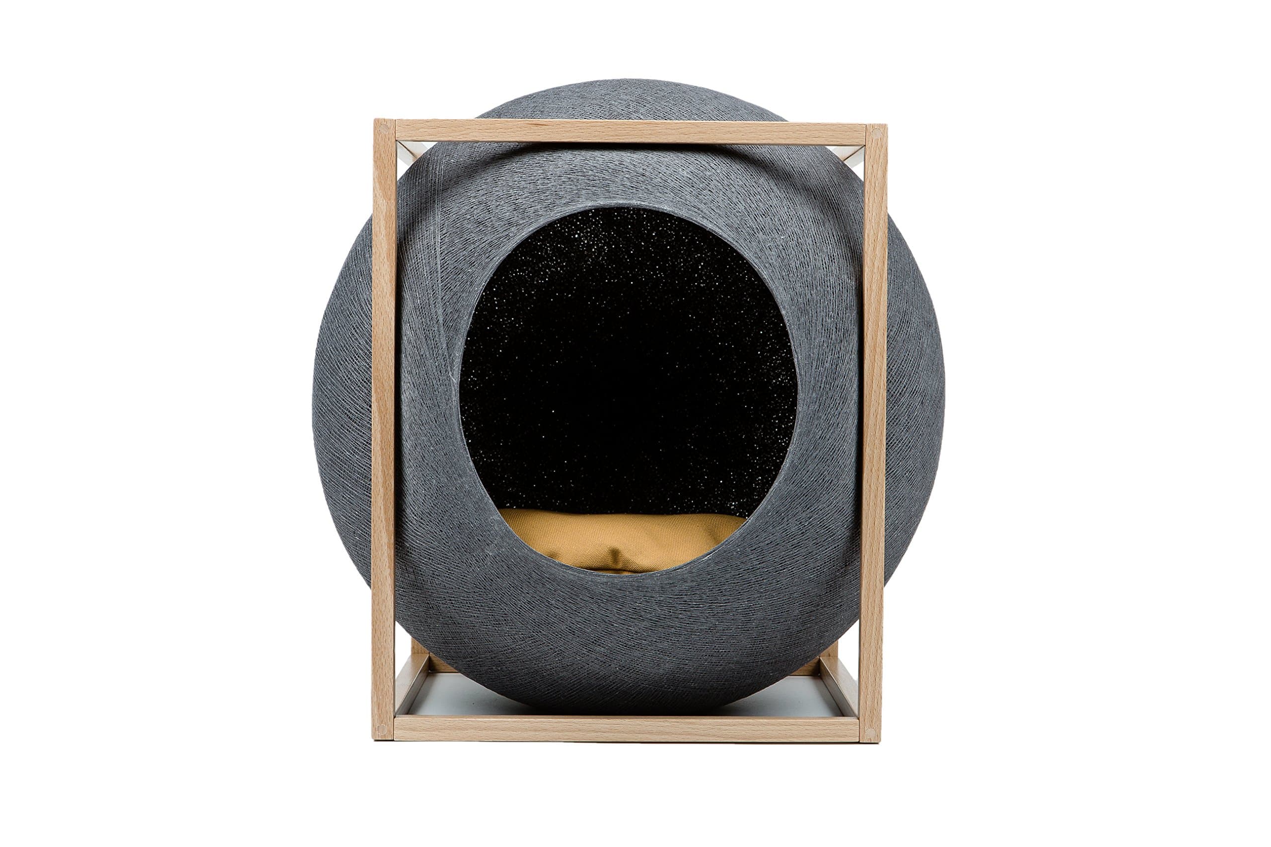 Meyou Paris - The CUBE DARK GREY WOOD EDITION. Bed, cozy shelter and claw scratcher - Dark grey cocoon / camel pillow / solid beech mat varnish frame