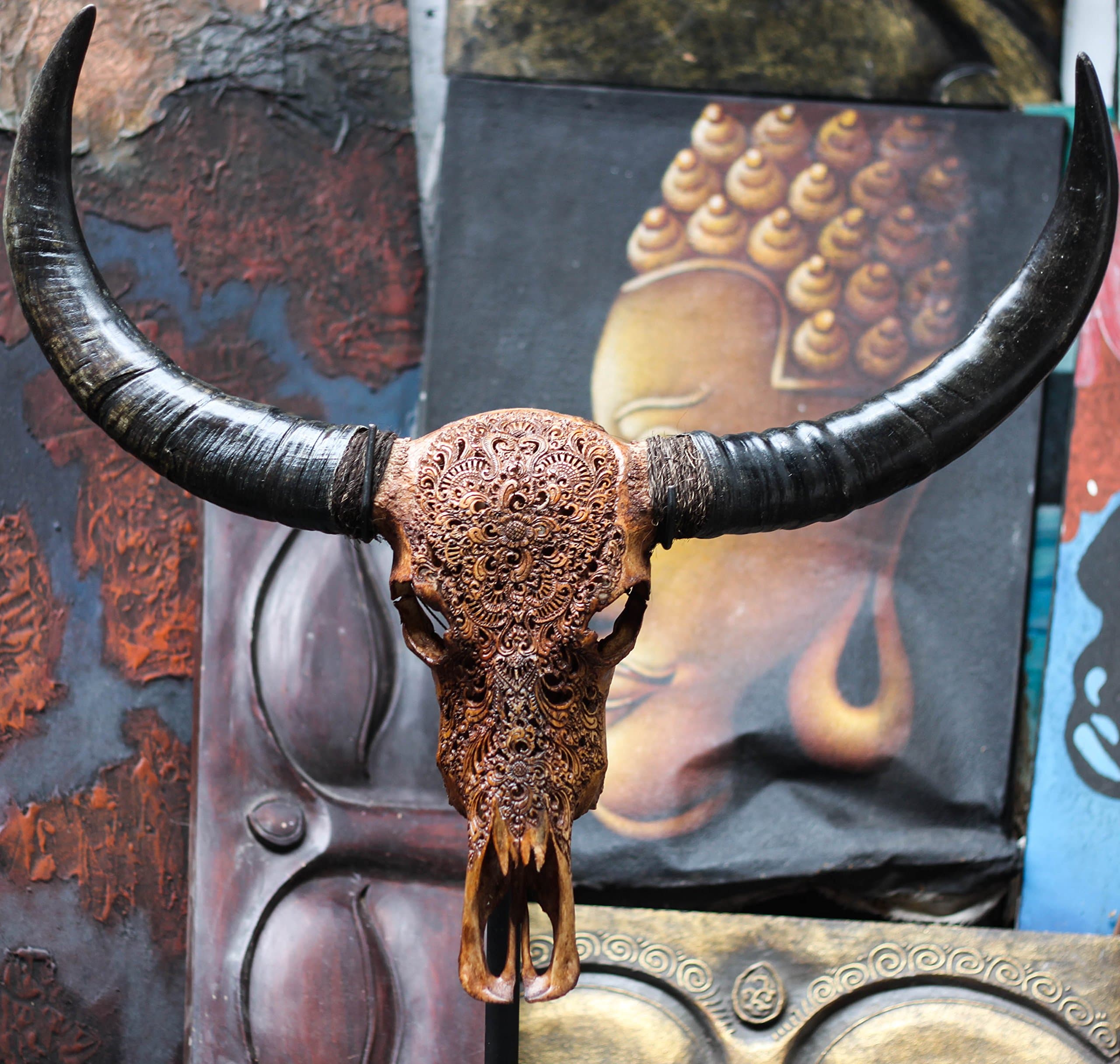 28'' Authentic Buffalo Skull with Horns + Tribal Carving - By Skullbliss