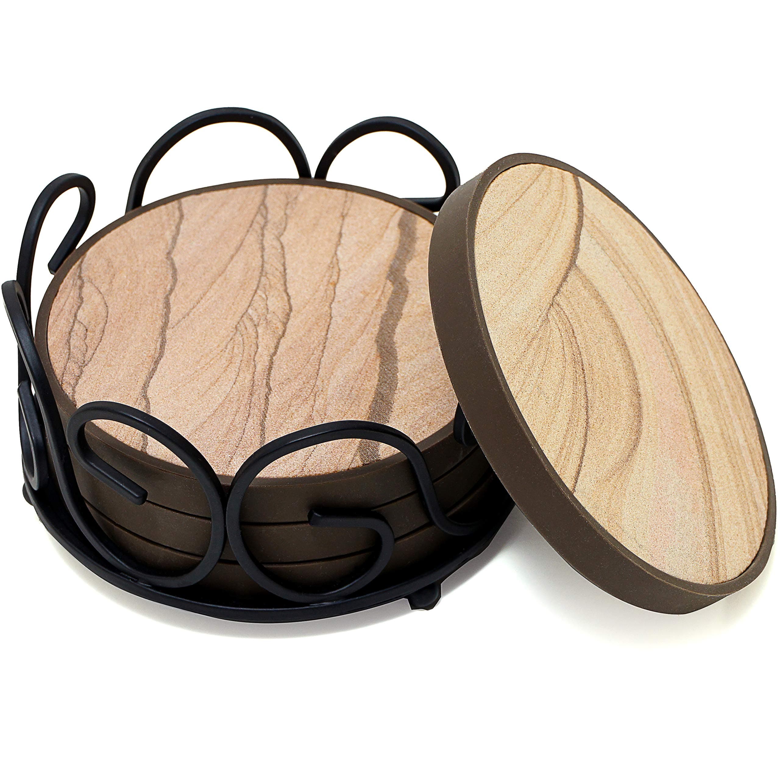 Coasters For Drinks in Iron Holder - 4 Pack, Protect Furniture From Excess Condensation & Scratch - Absorbent Sandstone inside Good Grips Detachable Cover Tray, Better Than Stone With Cork Backing