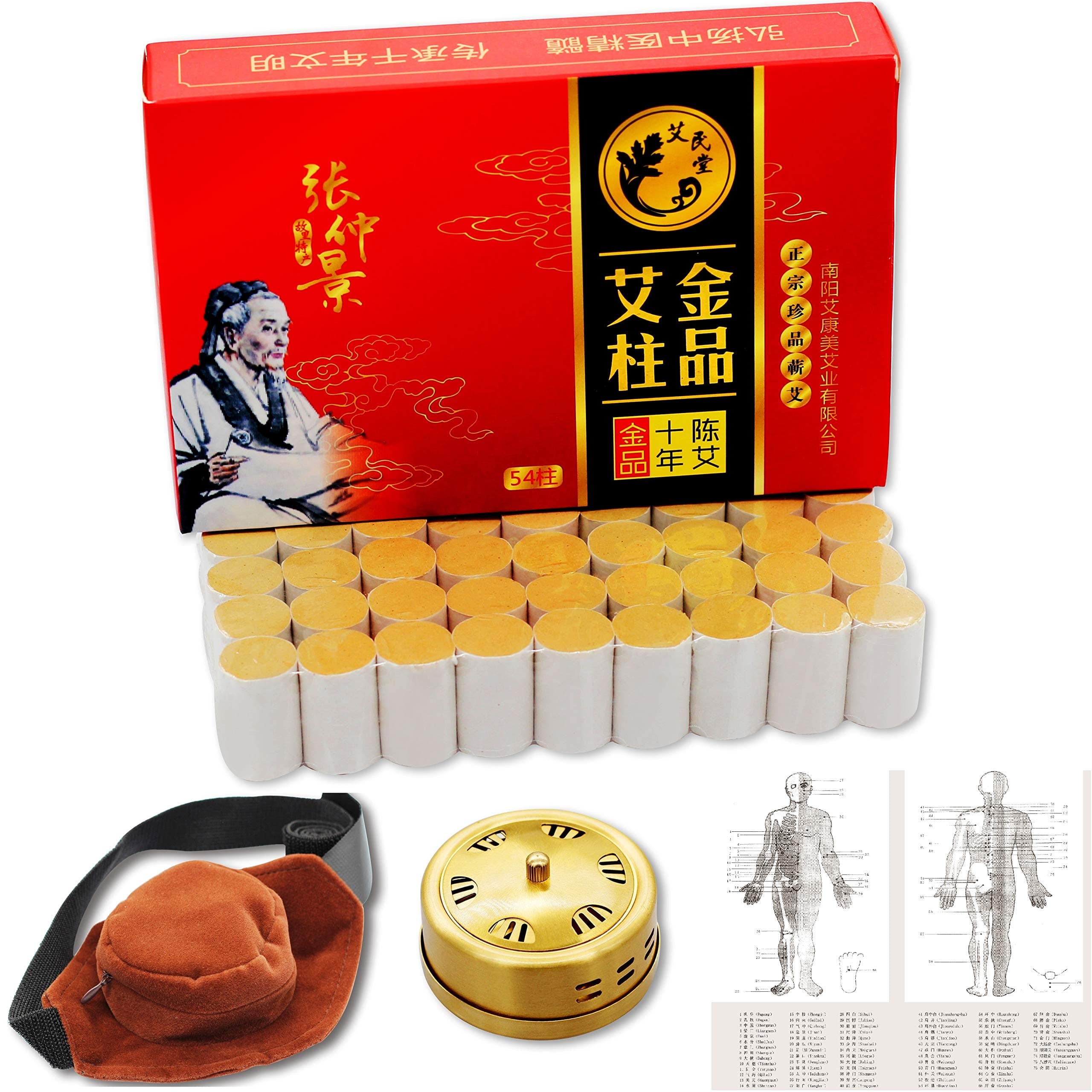 Uloveido 10-Years Purity 60:1 Ratio 54 Rolls Sticks Pure Moxibustion + 1 Copper Portable Smokeless Mugwort Moxibustion Moxa Box Round Shape Burner+1 Acupoint Map艾灸柱 艾柱带铜盒穴位图