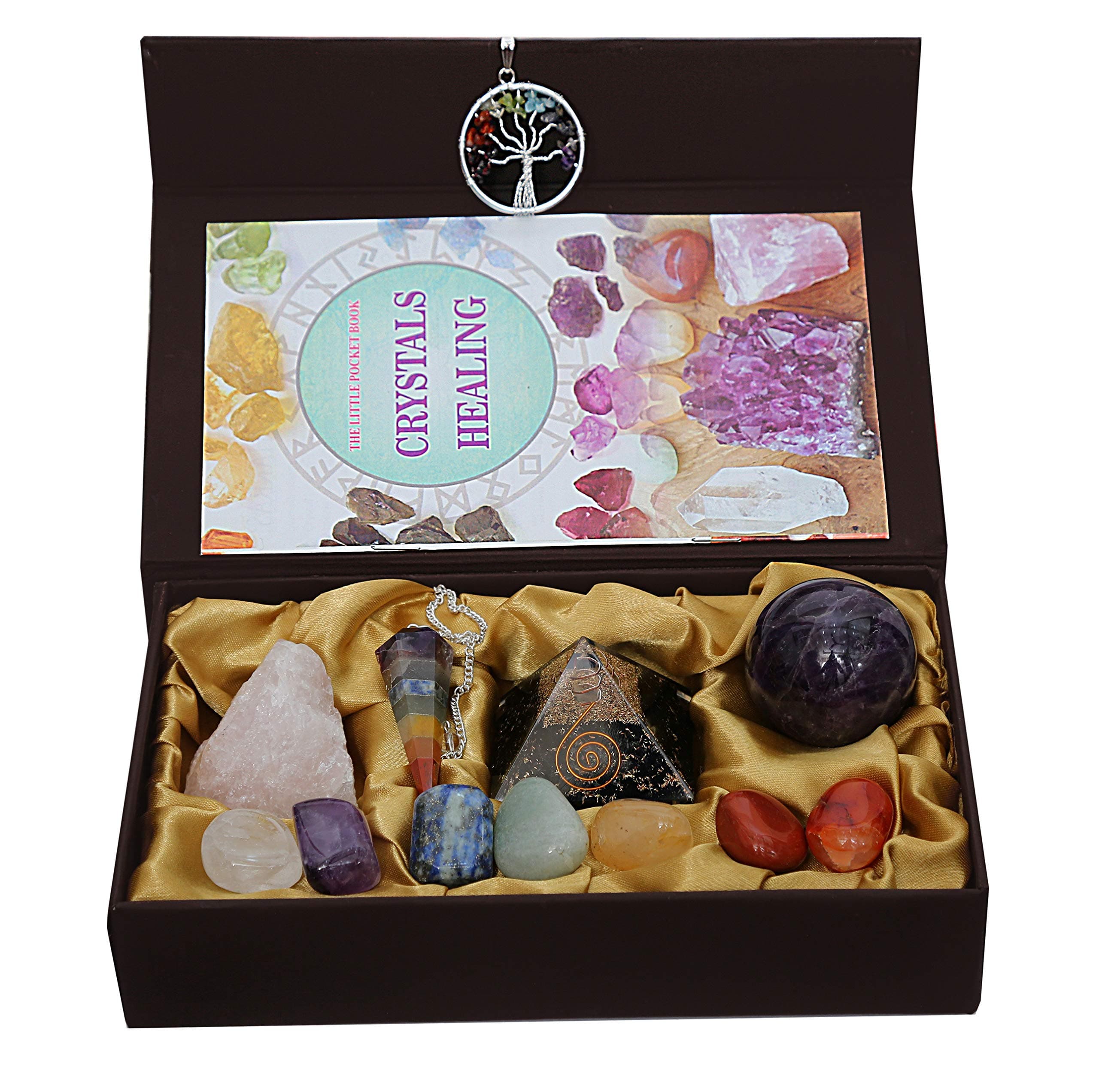 Crystals Healing Stones Chakra Mineral Starter Set/Crystal Healing Kit of 13 Pieces 7 Chakra Tumbled Gemstones, Reiki, Chakra, Healing, Bohemian, Natural with Reiki Dewsing Pendulum, Amethyst Ball