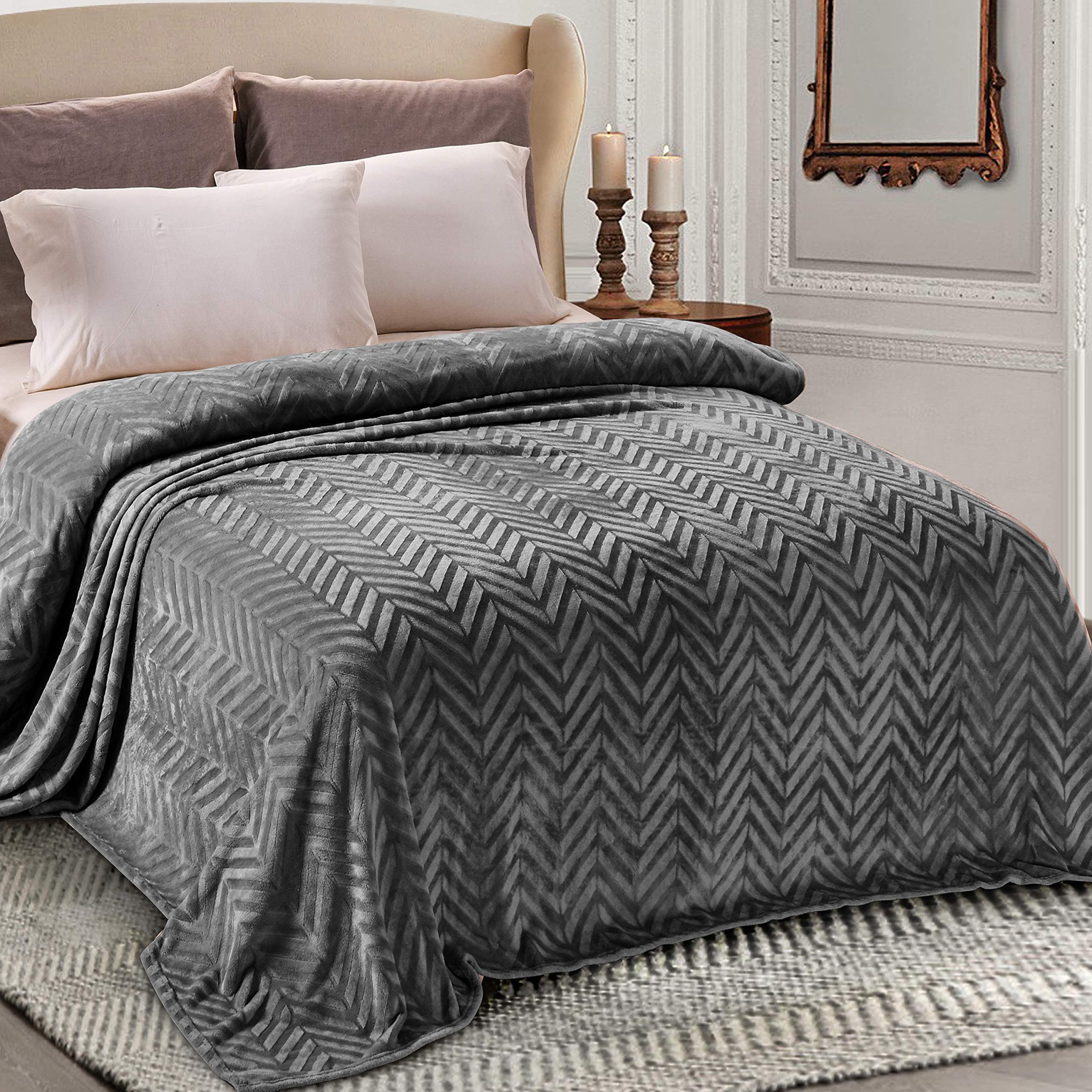 Flannel Fleece Queen Size Bed Blanket, Lightweight Breathable Soft Bedspread Plush Fluffy Coverlet Chevron Design Decorative Blanket for All Season, 90x90 Inch, Dark Grey