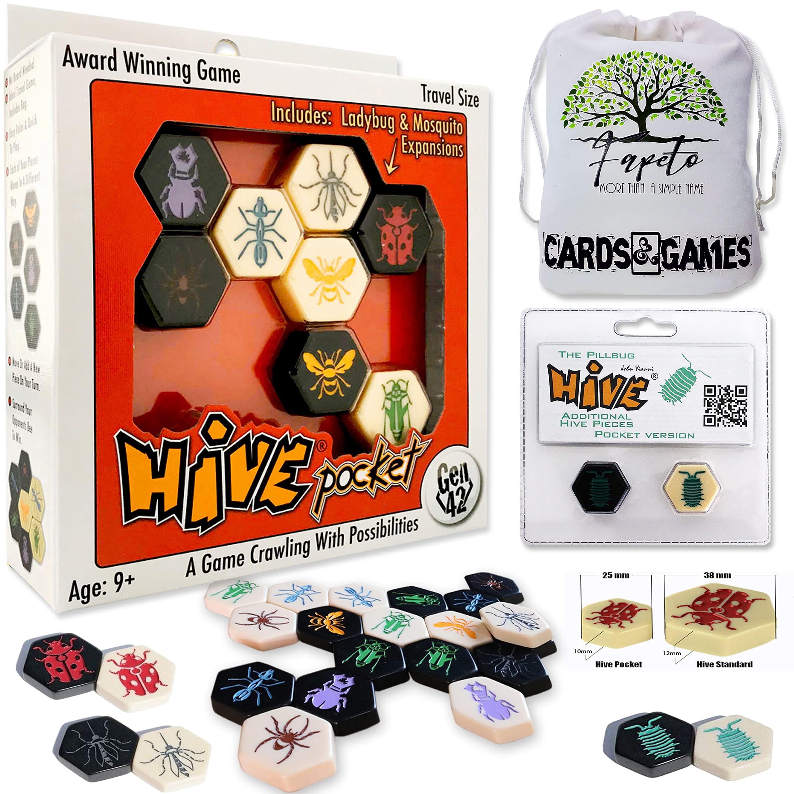 Hive of Insects Pocket Version & Hive of Insects Pillbug Expansion Board Games with Rich in Learning Opportunities Bundle with Random Color Drawstring Bag