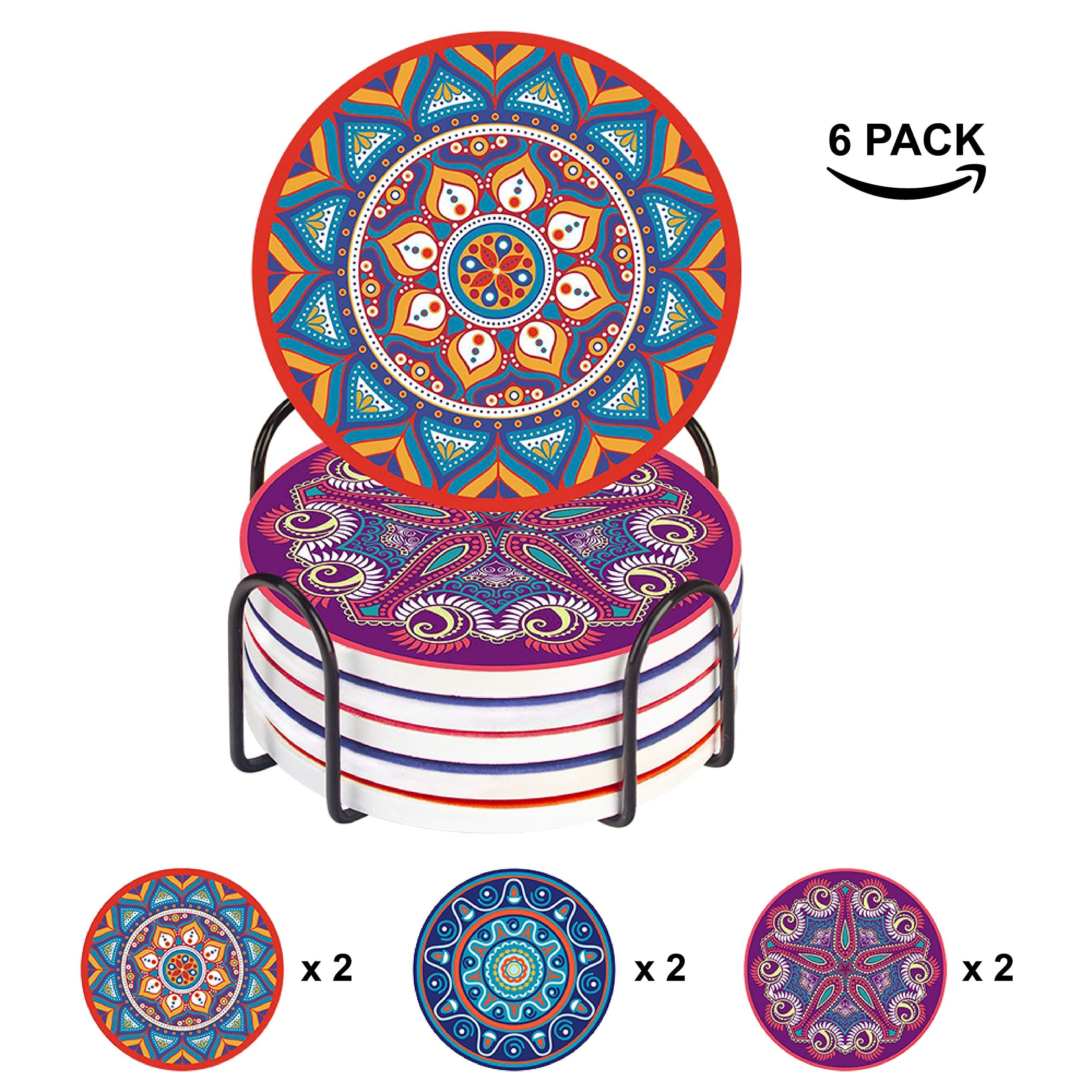 elabo Drink Coaster Mats - Moisture Absorbing Stone Coasters with Cork Base - Include Holder - Stone Coaster Sets Suitable for Kinds of Mugs and Cups, Set of 6