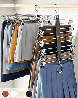MORALVE Skirt Hangers Space Saving with Clips - 2 Pack - European Beechwood 5-Tier Hanger for Shorts, Skirts, and Trousers - Wardrobe Organizer and Storage Solution for Women with 360° Swivel Hook
