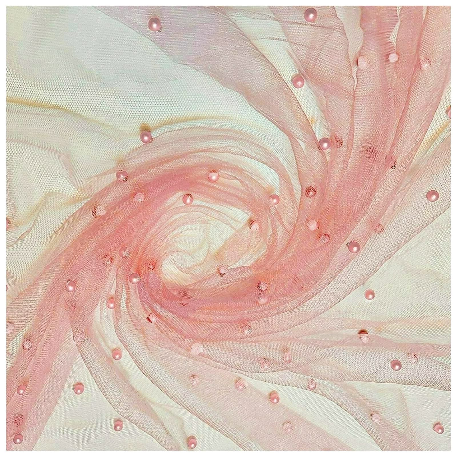 FABRICS KING ONLINE Net/Tulle Studded Pearl Bridal Soft Fabric Fashion Material for Dressmaking, Decoration, Craft, Scarves & Dupattas l 60" - 150cm Wide | Sold by The Metre (Peachy Pink, 1 Metre)