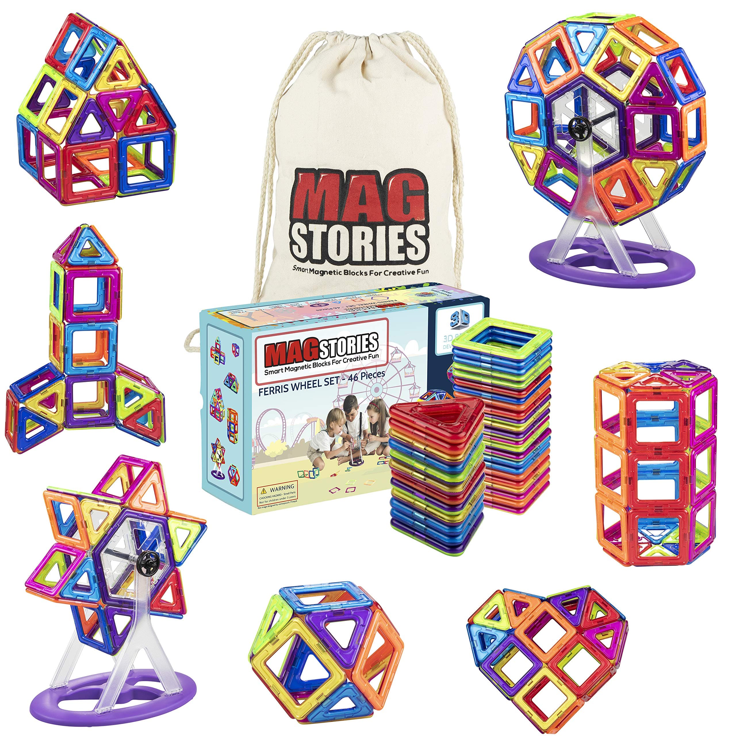 MagStories Magnetic Building Blocks 46 Pcs Ferris Wheel, Magnet Blocks Set, 3D Kids Magnetic Toys Construction Stacking kits. Educational, improves creativity and motor skills. Comes with Carrying Bag