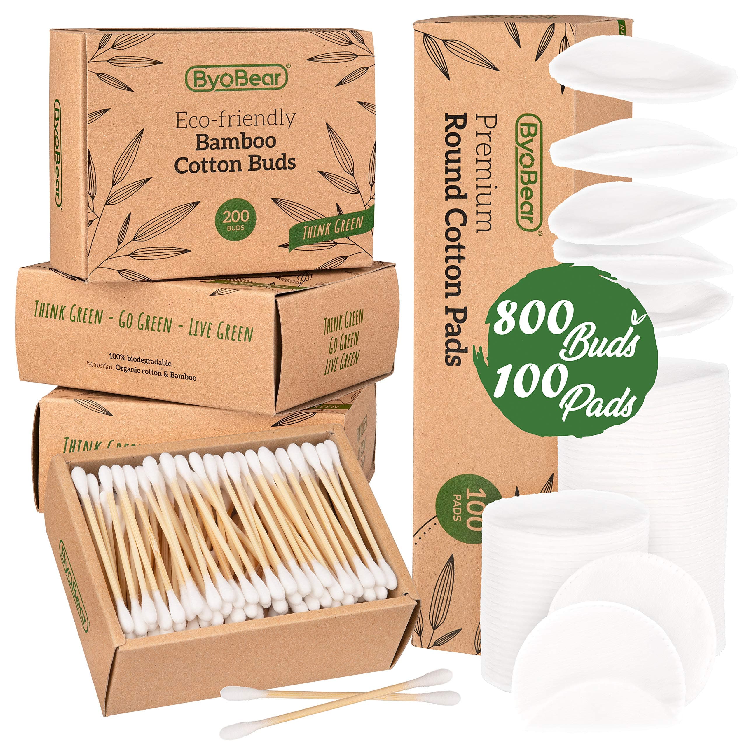 800 x Biodegradable Bamboo Cotton Buds & 100 x Premium Round Cotton Pads by ByoBear™ | Cotton Buds Eco Friendly with Makeup Remover Pads | Natural Bamboo Ear Buds in Recyclable Plastic Free Packaging