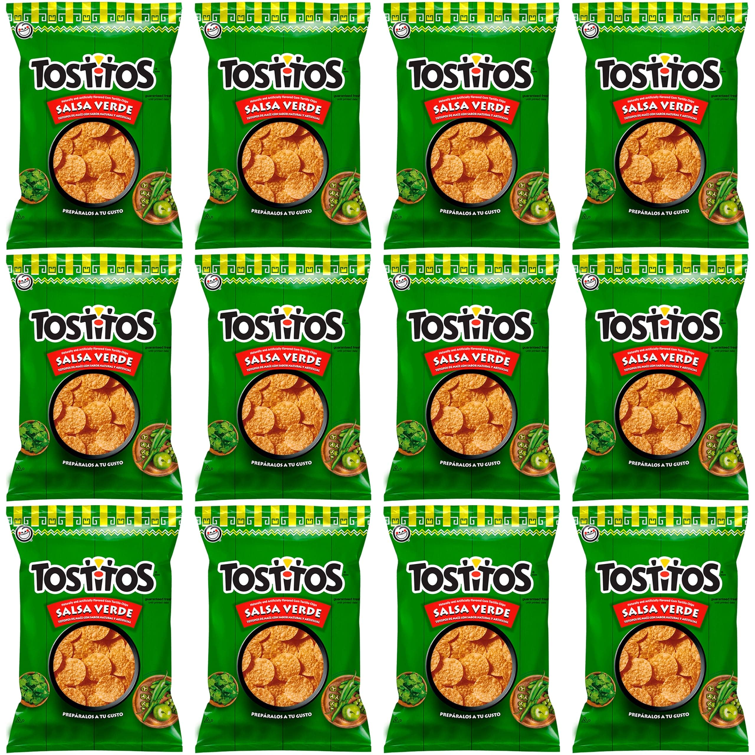Tostitos Salsa Verde Value Pack Bundled by SUPERDEALS | 74.4 grams/2.625 Oz Bag | Salsa Verde | Pack of 12 with mystery gift. Original Sabritas Mexican Edition Version Tostilocos Chili Corn Tortilla Chips Snacks
