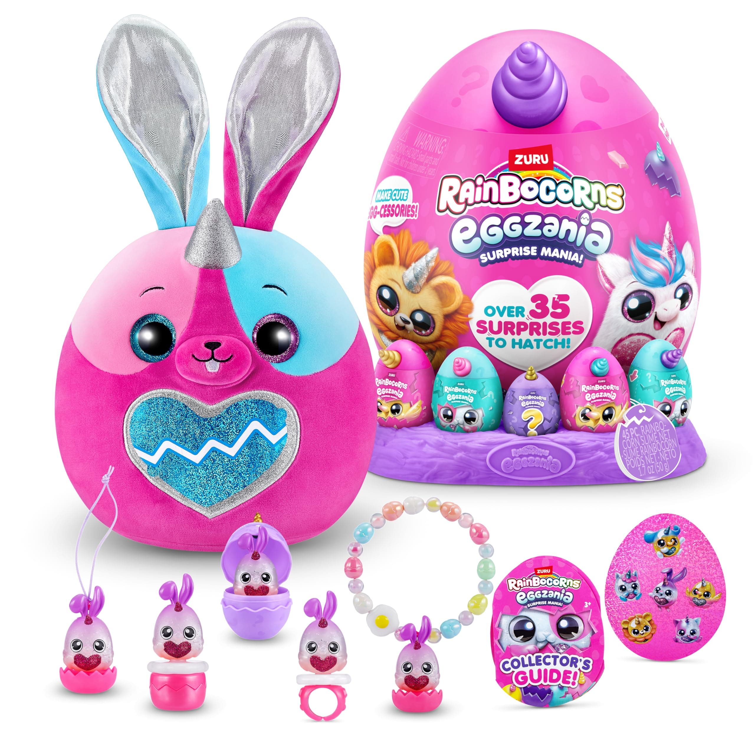 Rainbocorns Eggzania Surprise Mania Whipper the Bunny - Collectible Plush - Over 20 Surprises Inside, 28 cm, Cuddle Plush Stuffed Animal, Rings, Bracelets, Stickers, Wearable Accessories (Bunny)