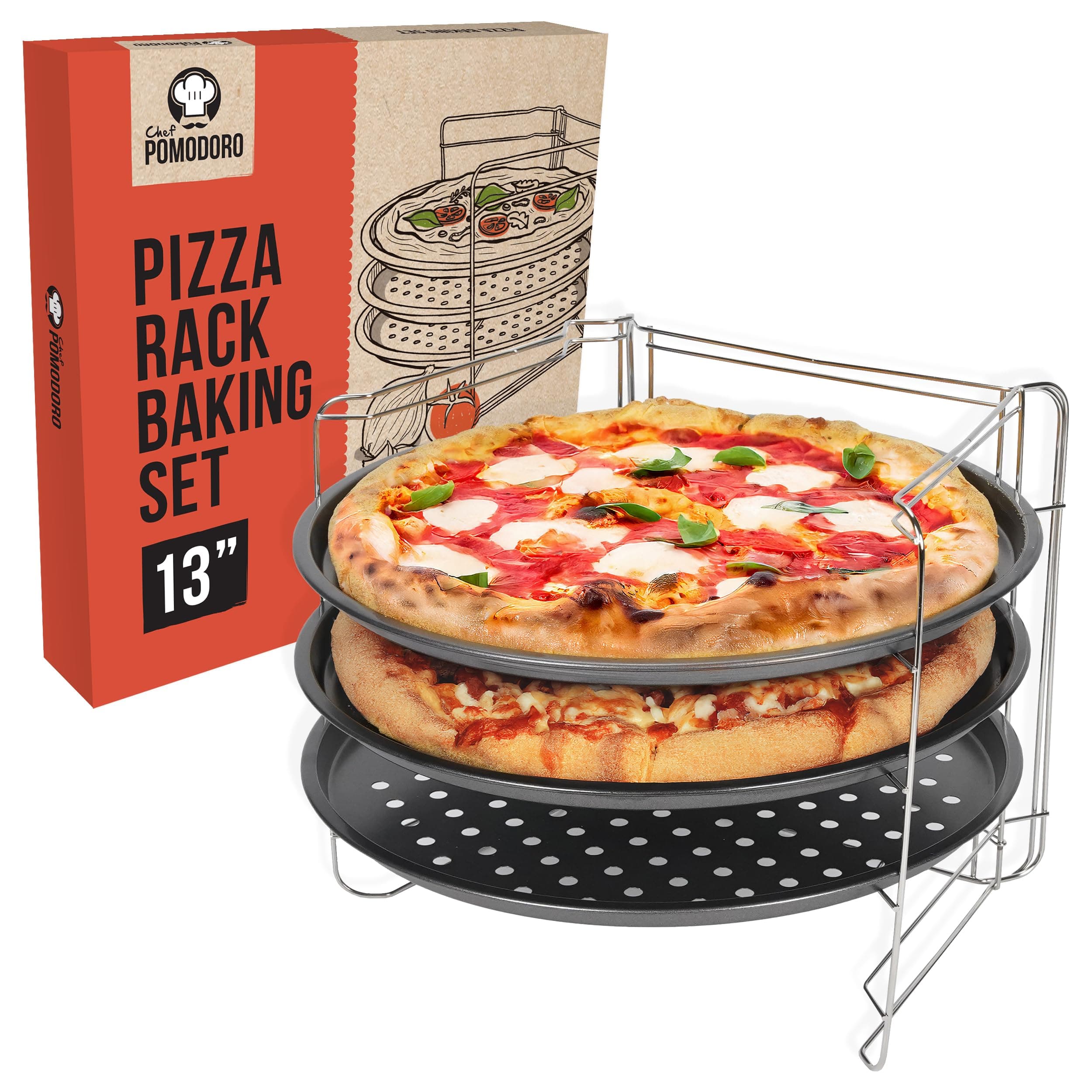 Pizza Pan and Pizza Rack Baking Set (13-Inch Pans), Non-stick Perforated Trays for Oven or Grill, Foldable Rack Stand Accessories and Supplies for Countertop, Cooling, & Baking