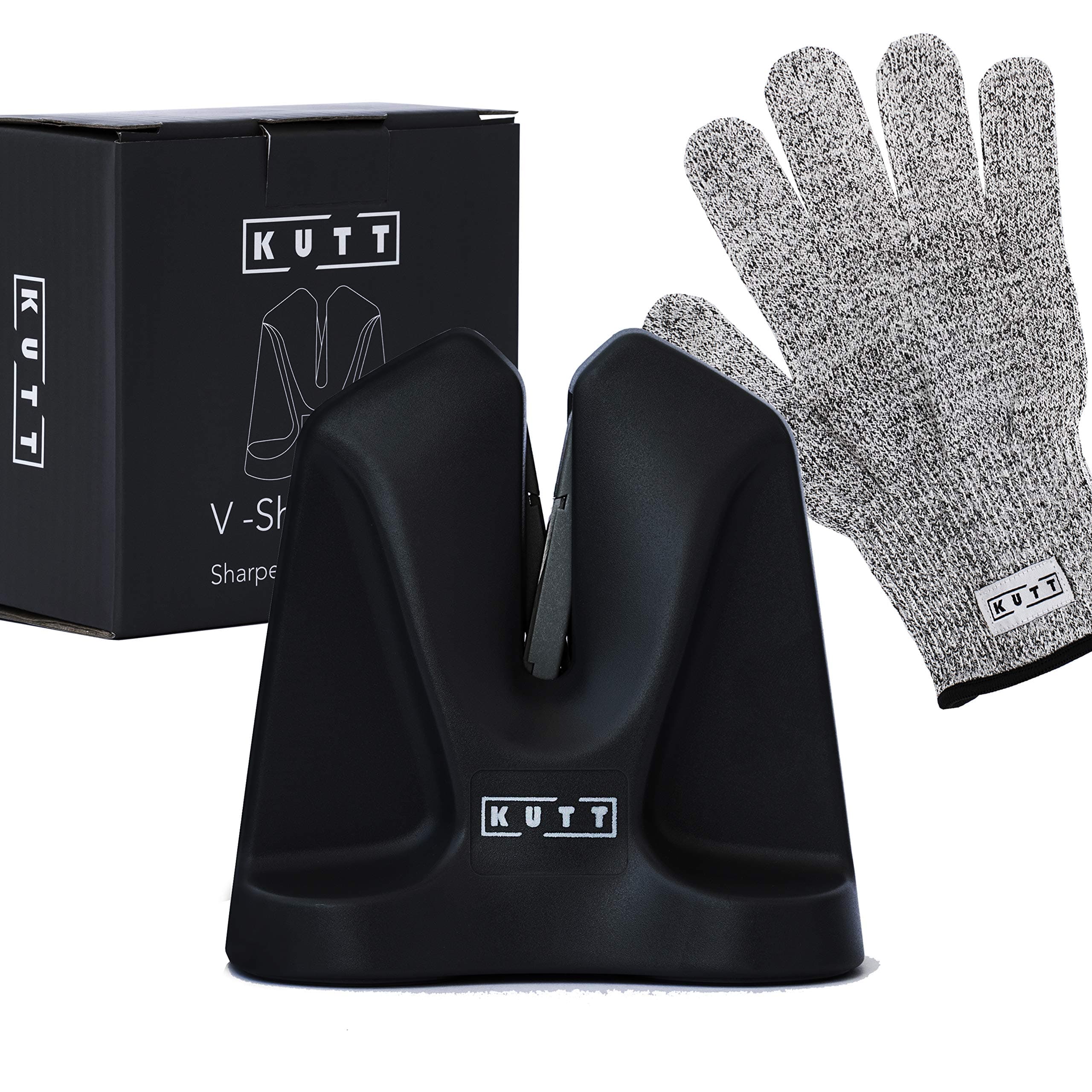 KUTT Knife Sharpener Edge, Professional Chef Kitchen V Sharpener, Auto Adjust Technology, Compact for Easy Storage, Sharpens Hones Polishes Dull Chef Knives, Ergonomic Design, Cut Resistant Glov