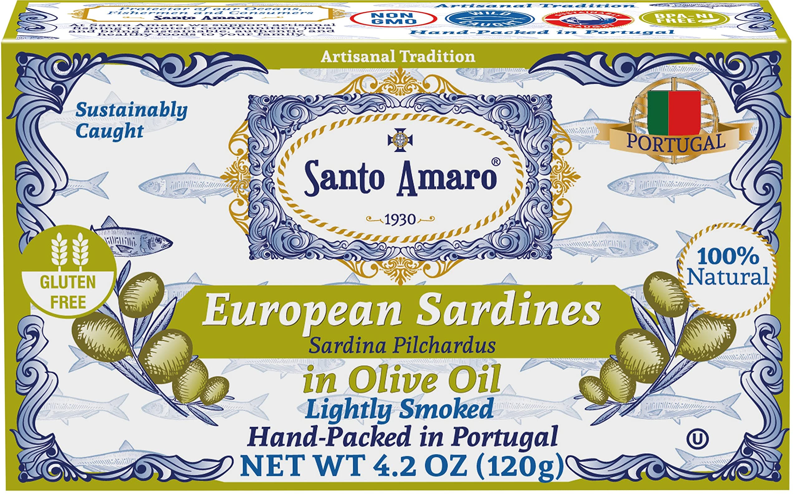 Santo Amaro - Authentic European Sardines in Olive Oil, Hand-Packed Canned Sardines from Portugal, Wild Caught Sardines in Virgin Olive Oil, Lightly Smoked, 20g Protein, Keto, Paleo, Dash, Pack of 3