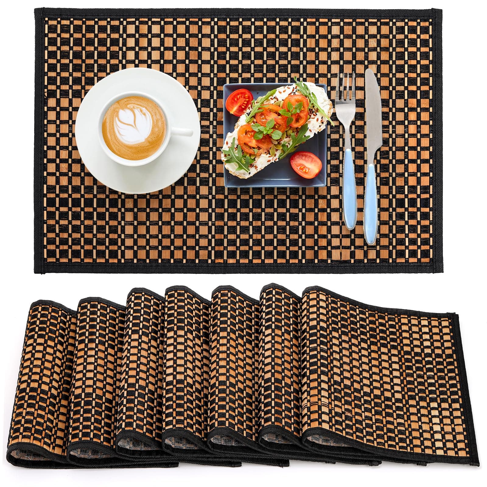 8 Pack Bamboo Placemats, Natural Anti-Slip Dining Table Mats, Heat-Resistant Place Mats, Japanese Style Washable Placemats for Dining Room, Kitchen, Restaurant, 18 x 12 Inch