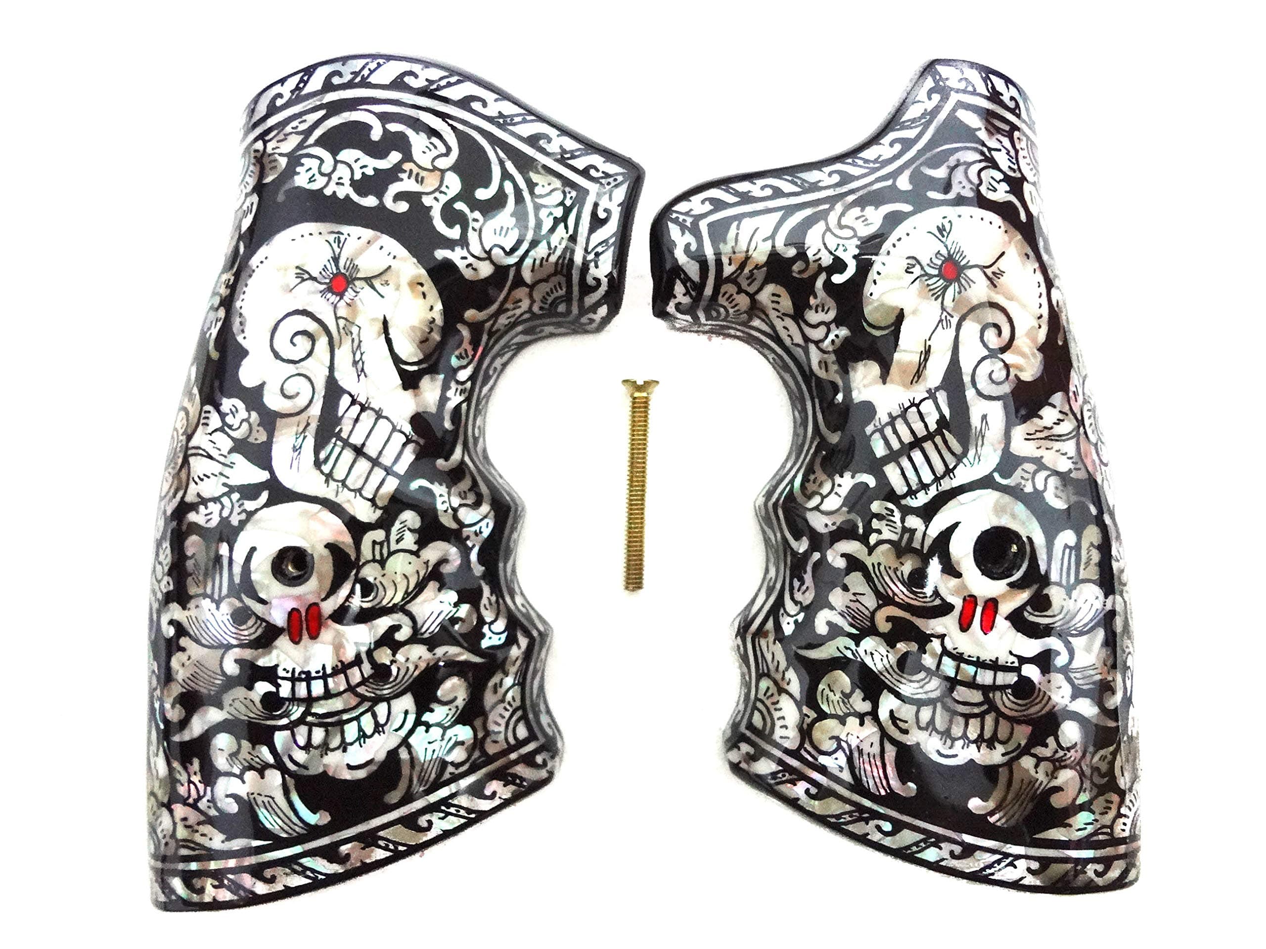Sri Lanna Mother of Pearl Inlay S&W .38 .357 K or L Frame Round Butt Grips Black Skull