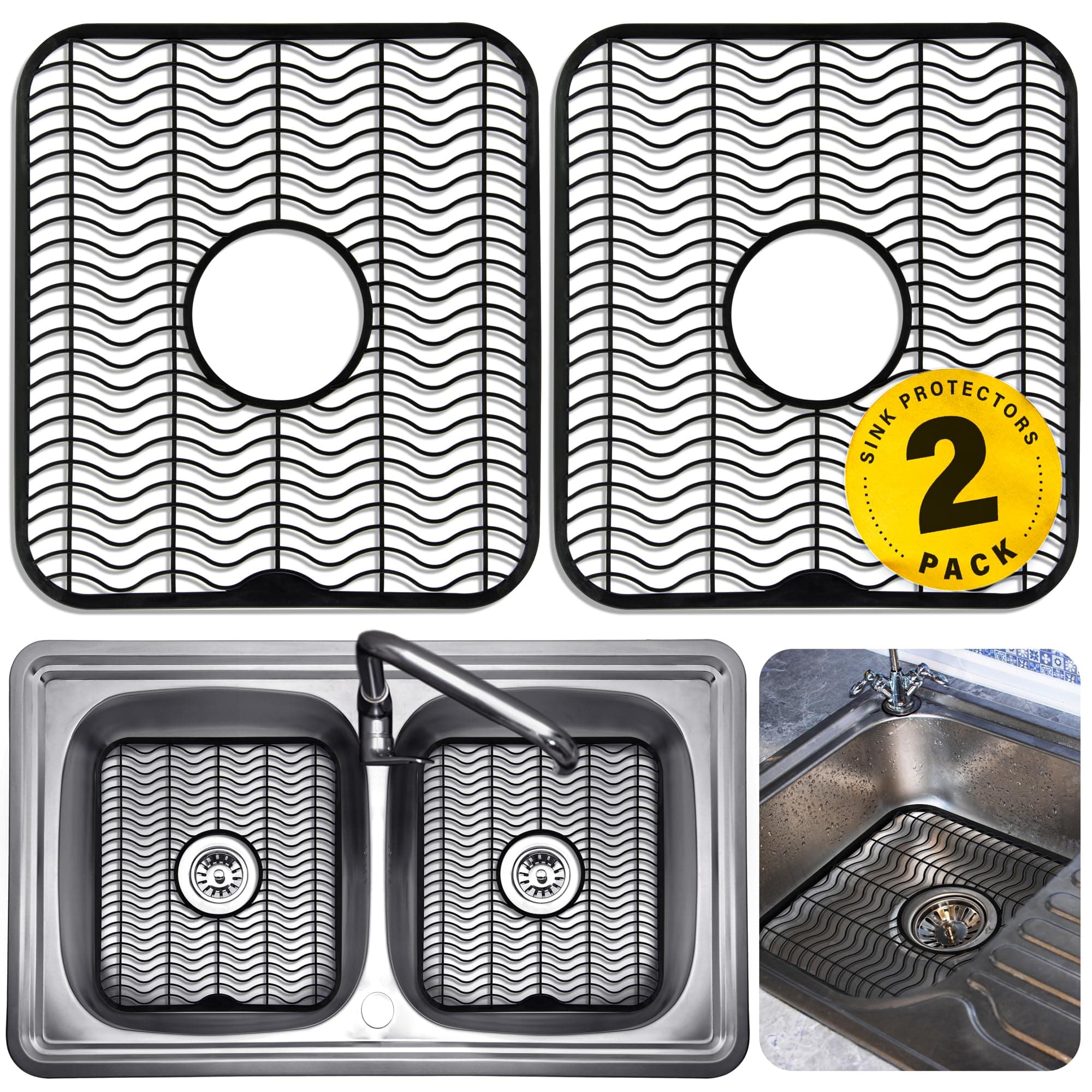 DecorRack 2 Sink Protectors for Kitchen Sink, Plastic 12" x 11" Dish Rack, Protect Sink from Stains, Damage, Scratches, Dishwasher Safe Grid Mat for Kitchen (2 Pack, Black)